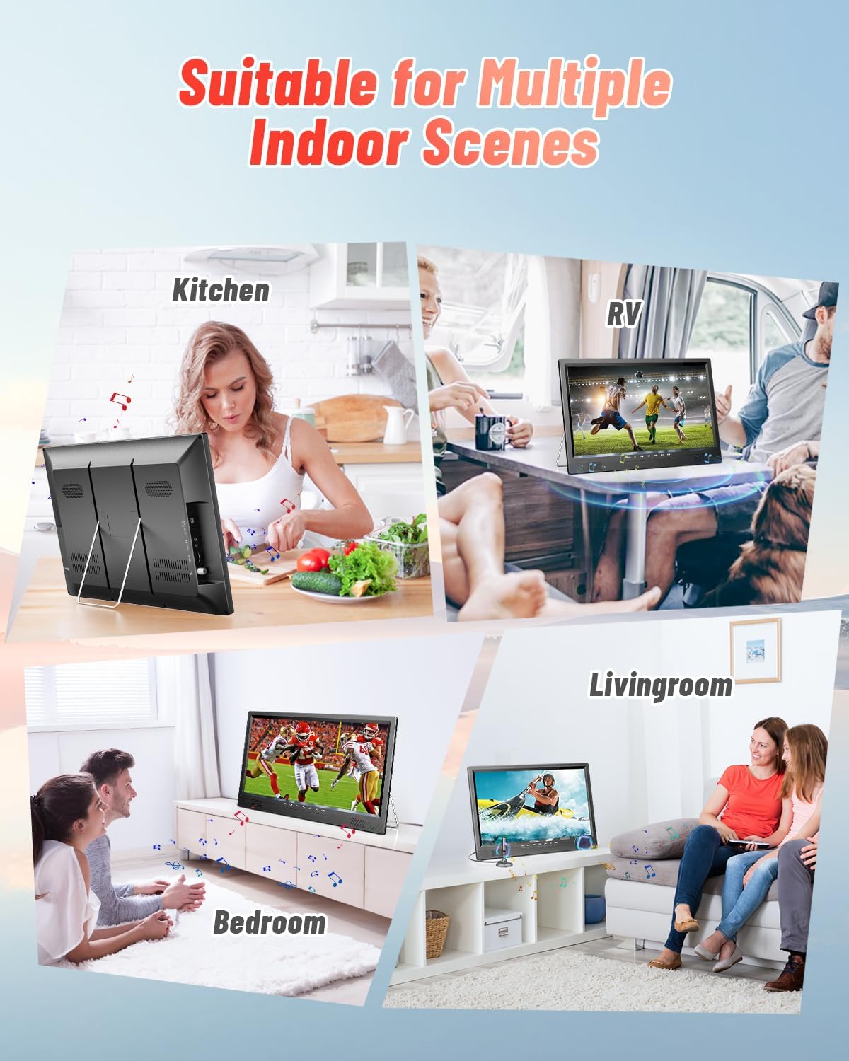 Desobry 19, draagbare tv met antenne, kleine tv met HD 1080P HDMI-ingang, AV-ingang, USB-poort, draagbare monitor met 180° verstelbare standaard, kleine draagbare tv voor keuken, slaapkamer, kampeercamper (zonder batterij)