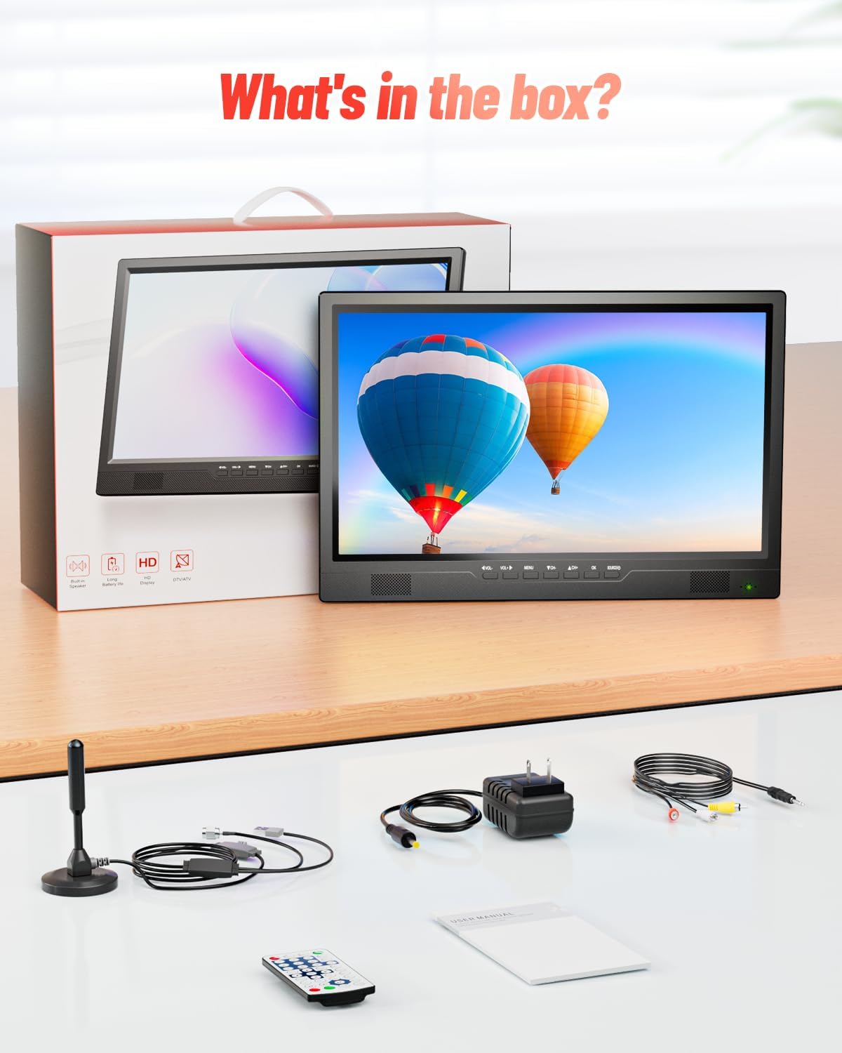 Desobry 19, draagbare tv met antenne, kleine tv met HD 1080P HDMI-ingang, AV-ingang, USB-poort, draagbare monitor met 180° verstelbare standaard, kleine draagbare tv voor keuken, slaapkamer, kampeercamper (zonder batterij)