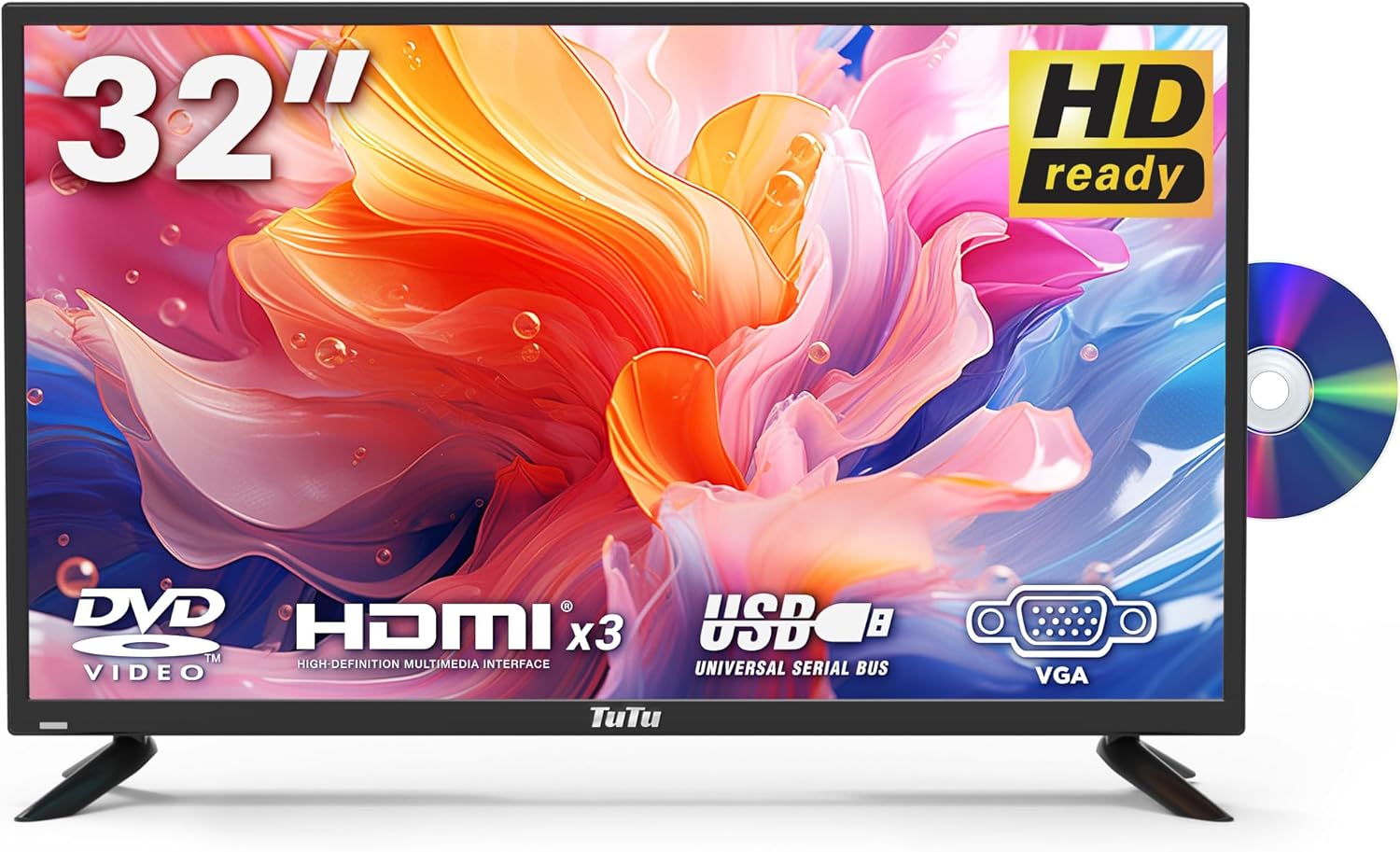 TuTu 32 Inch TV with DVD Player Built-in, 60Hz 720P HD LED Small Flat Screen TV with 3 HDMI, USB, Optical VGA, Non-Smart TV and Monitor for Bedroom,Kitchen,Basement,RV Camper(2024 Model)