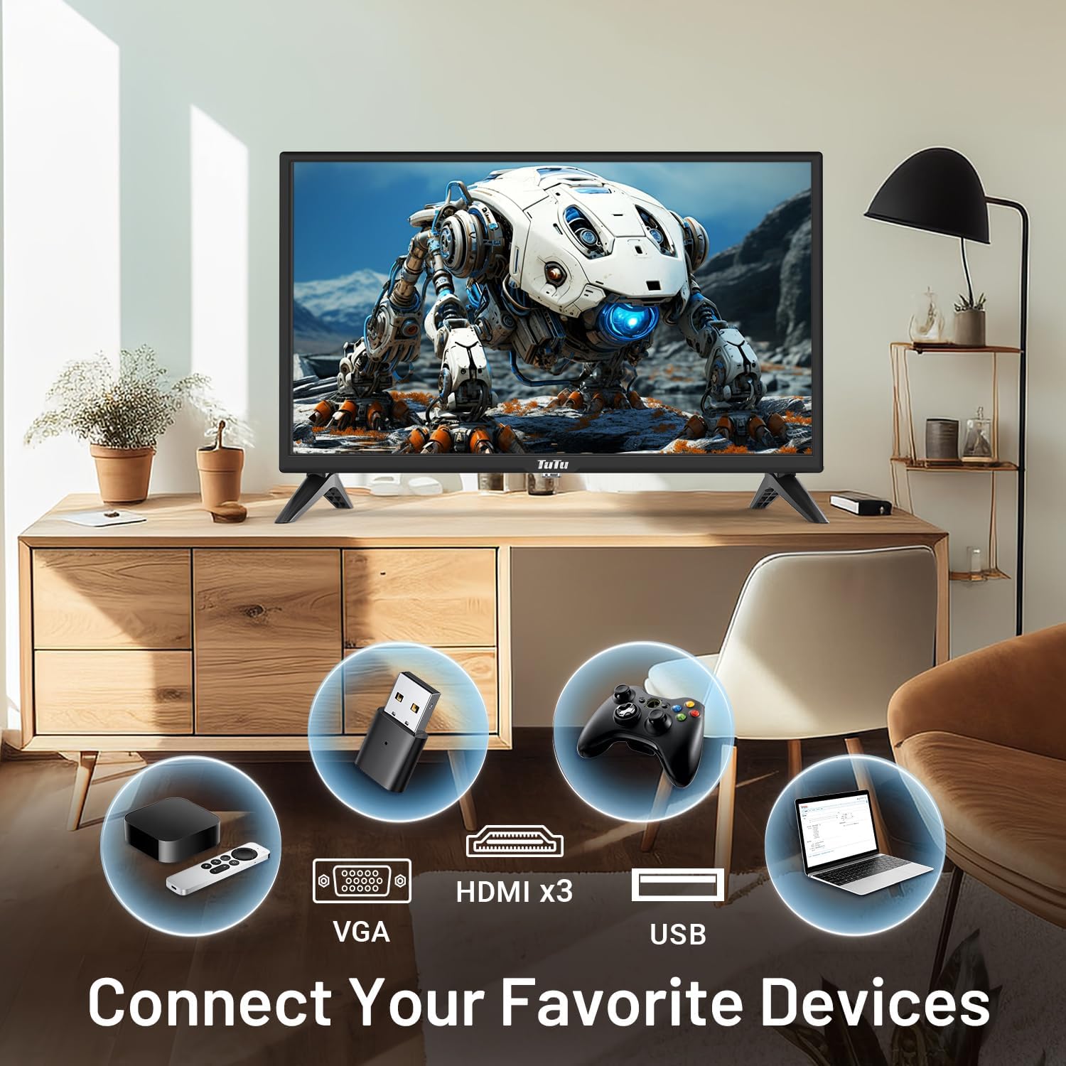 TuTu 32 Inch TV with DVD Player Built-in, 60Hz 720P HD LED Small Flat Screen TV with 3 HDMI, USB, Optical VGA, Non-Smart TV and Monitor for Bedroom,Kitchen,Basement,RV Camper(2024 Model) · v8