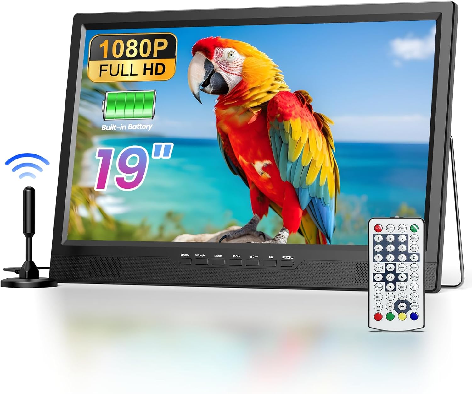 Desobry 19 Kamp için Taşınabilir TV, Elektrik Kesintileri için Taşınabilir 8000mAh Pil TV, 180° Ayarlanabilir Stand, 1080P HDMI Girişi, AV Girişi, USB, Mutfak Yatak Odası Kamp Veranda RV için Küçük TV