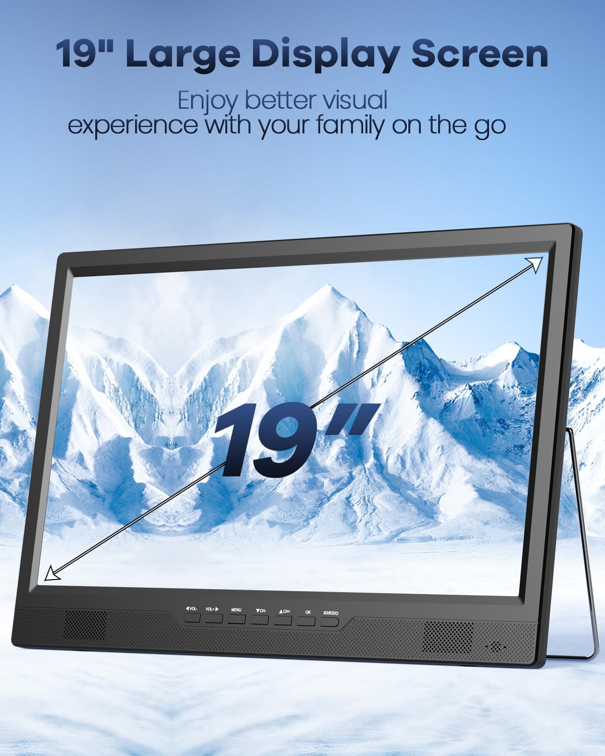 Desobry 19 TV Portabel untuk Berkemah, Baterai 8000mAh TV Portabel untuk Pemadaman Listrik, Dudukan yang Dapat Disesuaikan 180°, Input HDMI 1080P, Input AV, USB, TV Kecil untuk Dapur Kamar Tidur, Teras Berkemah, RV