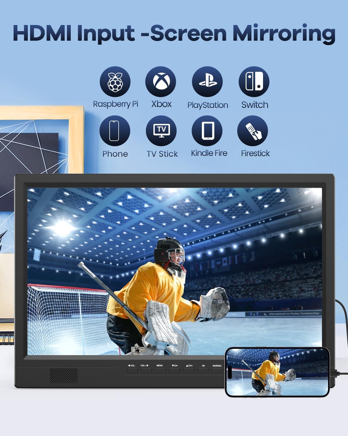 Desobry 19 TV Portabel untuk Berkemah, Baterai 8000mAh TV Portabel untuk Pemadaman Listrik, Dudukan yang Dapat Disesuaikan 180°, Input HDMI 1080P, Input AV, USB, TV Kecil untuk Dapur Kamar Tidur, Teras Berkemah, RV
