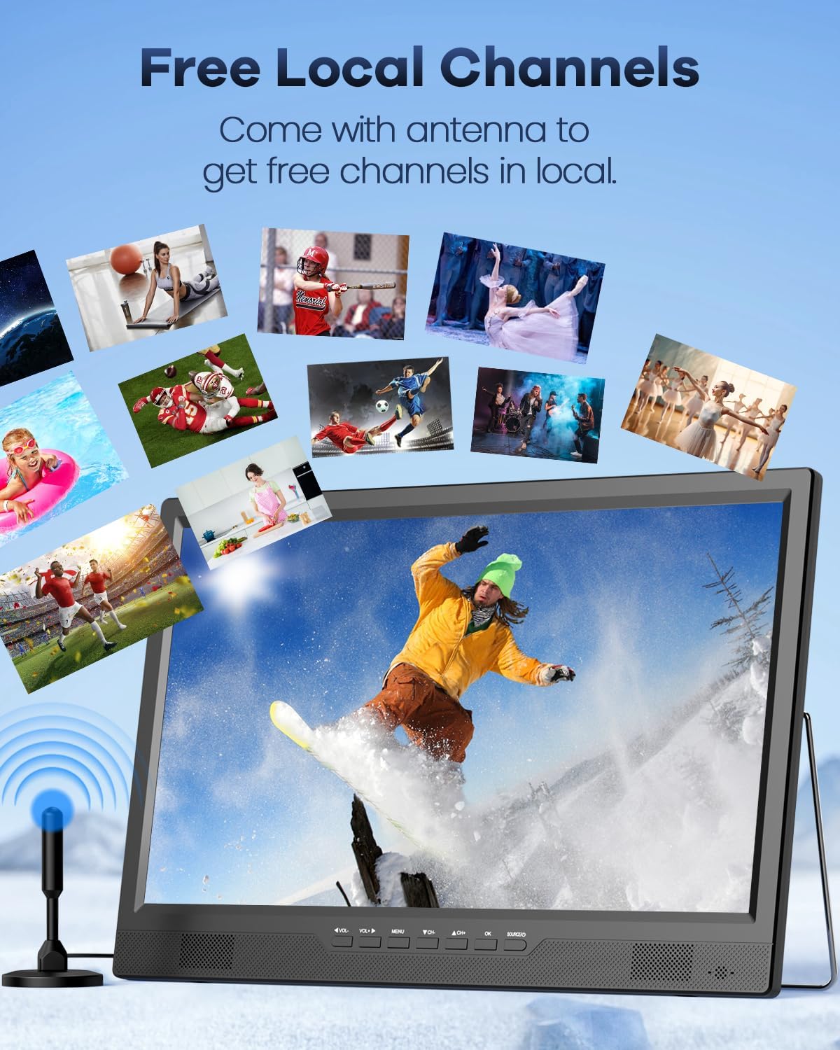 Desobry 19 TV Portabel untuk Berkemah, Baterai 8000mAh TV Portabel untuk Pemadaman Listrik, Dudukan yang Dapat Disesuaikan 180°, Input HDMI 1080P, Input AV, USB, TV Kecil untuk Dapur Kamar Tidur, Teras Berkemah, RV