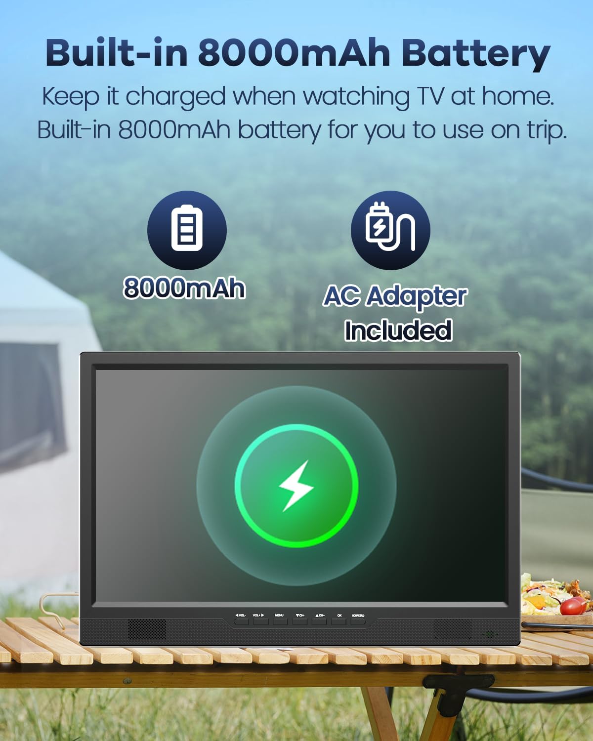 Desobry 19 TV Portabel untuk Berkemah, Baterai 8000mAh TV Portabel untuk Pemadaman Listrik, Dudukan yang Dapat Disesuaikan 180°, Input HDMI 1080P, Input AV, USB, TV Kecil untuk Dapur Kamar Tidur, Teras Berkemah, RV