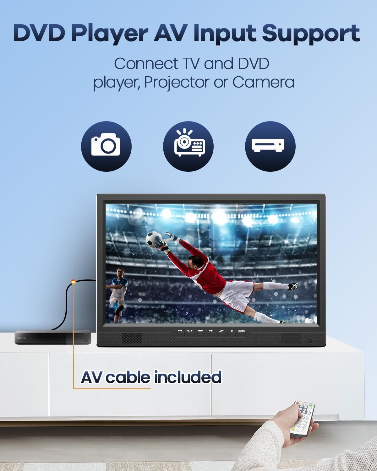 Desobry 19 TV Portabel untuk Berkemah, Baterai 8000mAh TV Portabel untuk Pemadaman Listrik, Dudukan yang Dapat Disesuaikan 180°, Input HDMI 1080P, Input AV, USB, TV Kecil untuk Dapur Kamar Tidur, Teras Berkemah, RV