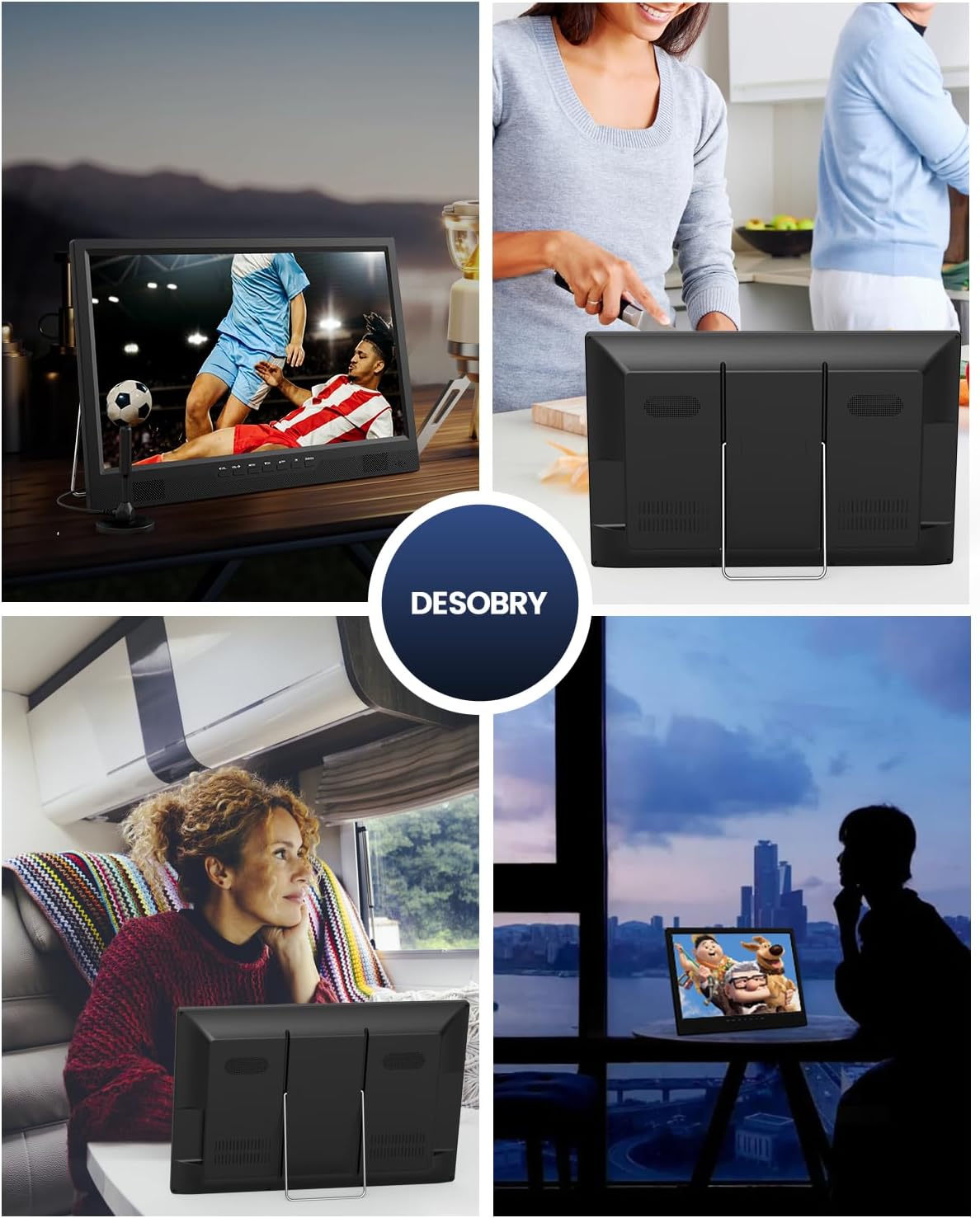 Desobry 19 TV Portabel untuk Berkemah, Baterai 8000mAh TV Portabel untuk Pemadaman Listrik, Dudukan yang Dapat Disesuaikan 180°, Input HDMI 1080P, Input AV, USB, TV Kecil untuk Dapur Kamar Tidur, Teras Berkemah, RV