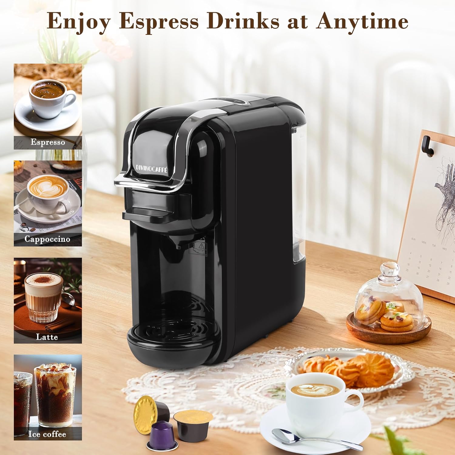 Nespresso Kapsülü için Espresso Makinesi, Lavazza Mavi Kapsül Kahve Tozu, 19 Bar Pompa Basıncı Otantik Espresso Kahve Yapar, Çıkarılabilir Su Tanklı Mini Espresso Kahve Makineleri.