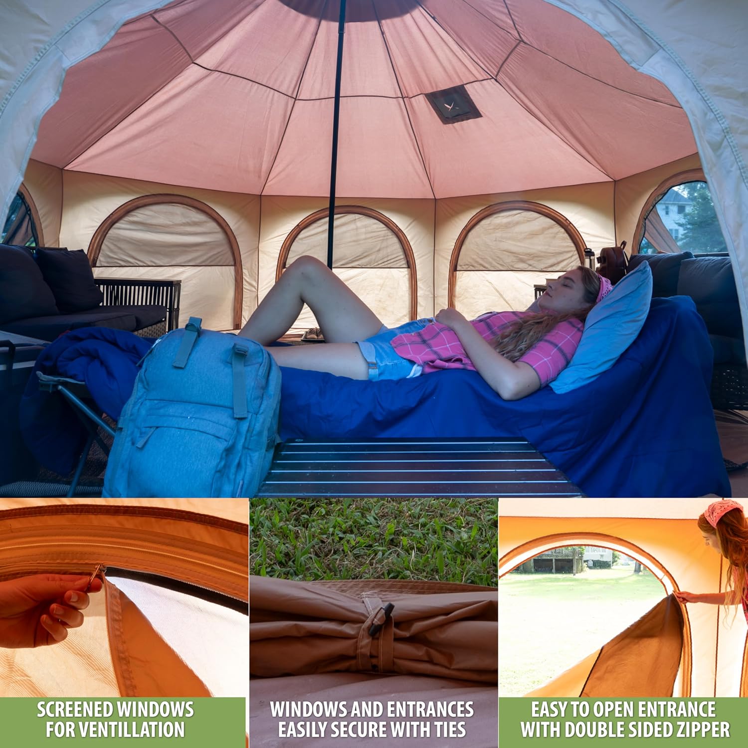 เต็นท์ผ้าใบสำหรับกางเต็นท์แบบ Glamping ขนาด 16x9 ฟุต พร้อมช่องระบายอากาศใต้หลังคา