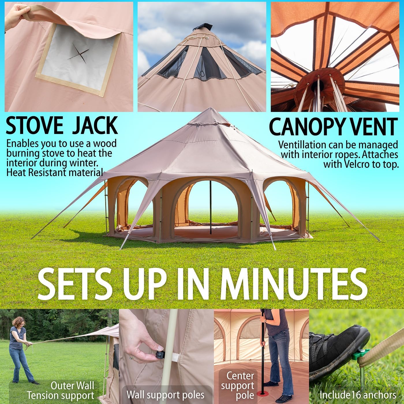 เต็นท์ผ้าใบสำหรับกางเต็นท์แบบ Glamping ขนาด 16x9 ฟุต พร้อมช่องระบายอากาศใต้หลังคา