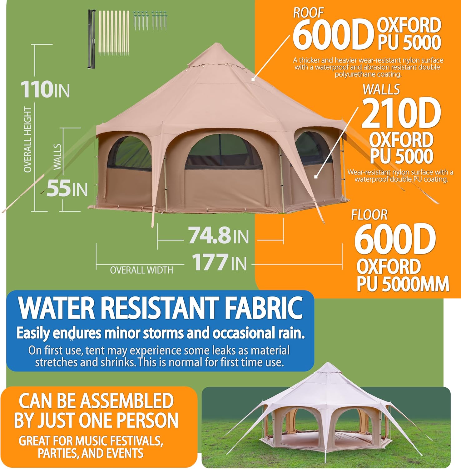 เต็นท์ผ้าใบสำหรับกางเต็นท์แบบ Glamping ขนาด 16x9 ฟุต พร้อมช่องระบายอากาศใต้หลังคา