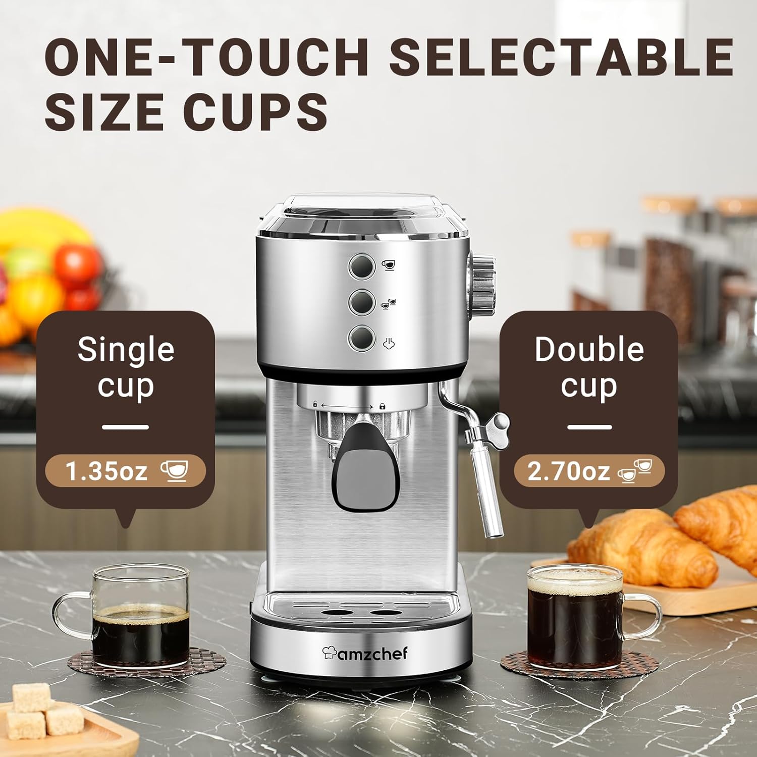 เครื่องชงกาแฟเอสเพรสโซ amzchef พร้อมแรงดัน 20 บาร์ เครื่องชงกาแฟเอสเพรสโซระดับมืออาชีพพร้อมครีมนม/แท่งนึ่ง เครื่องชงกาแฟสเตนเลสขนาดกะทัดรัด ถังน้ำแบบถอดได้สำหรับใช้ในครัวเรือนขนาด 34 ออนซ์ ของขวัญสำหรับพ่อหรือแม่