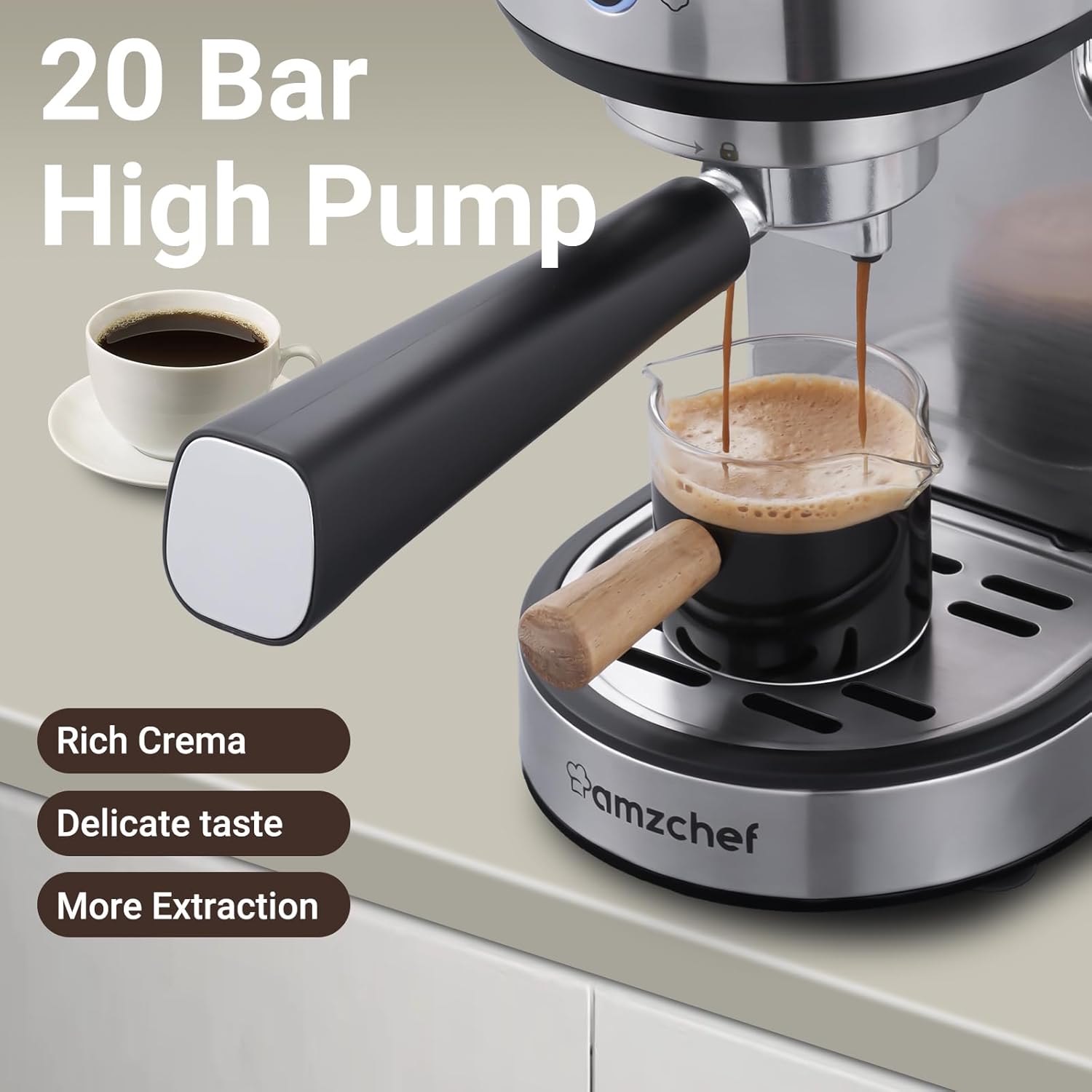 เครื่องชงกาแฟเอสเพรสโซ amzchef พร้อมแรงดัน 20 บาร์ เครื่องชงกาแฟเอสเพรสโซระดับมืออาชีพพร้อมครีมนม/แท่งนึ่ง เครื่องชงกาแฟสเตนเลสขนาดกะทัดรัด ถังน้ำแบบถอดได้สำหรับใช้ในครัวเรือนขนาด 34 ออนซ์ ของขวัญสำหรับพ่อหรือแม่