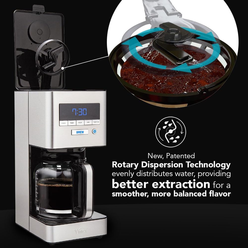 VINCI RDT Elite Spinning Sprayhead Coffee Maker | 12-Cup Programmable Coffee Brewer with Bloom Feature and Rotary Dispersion Technology | Black and Stainless Steel | Auto Shut-Off · v2