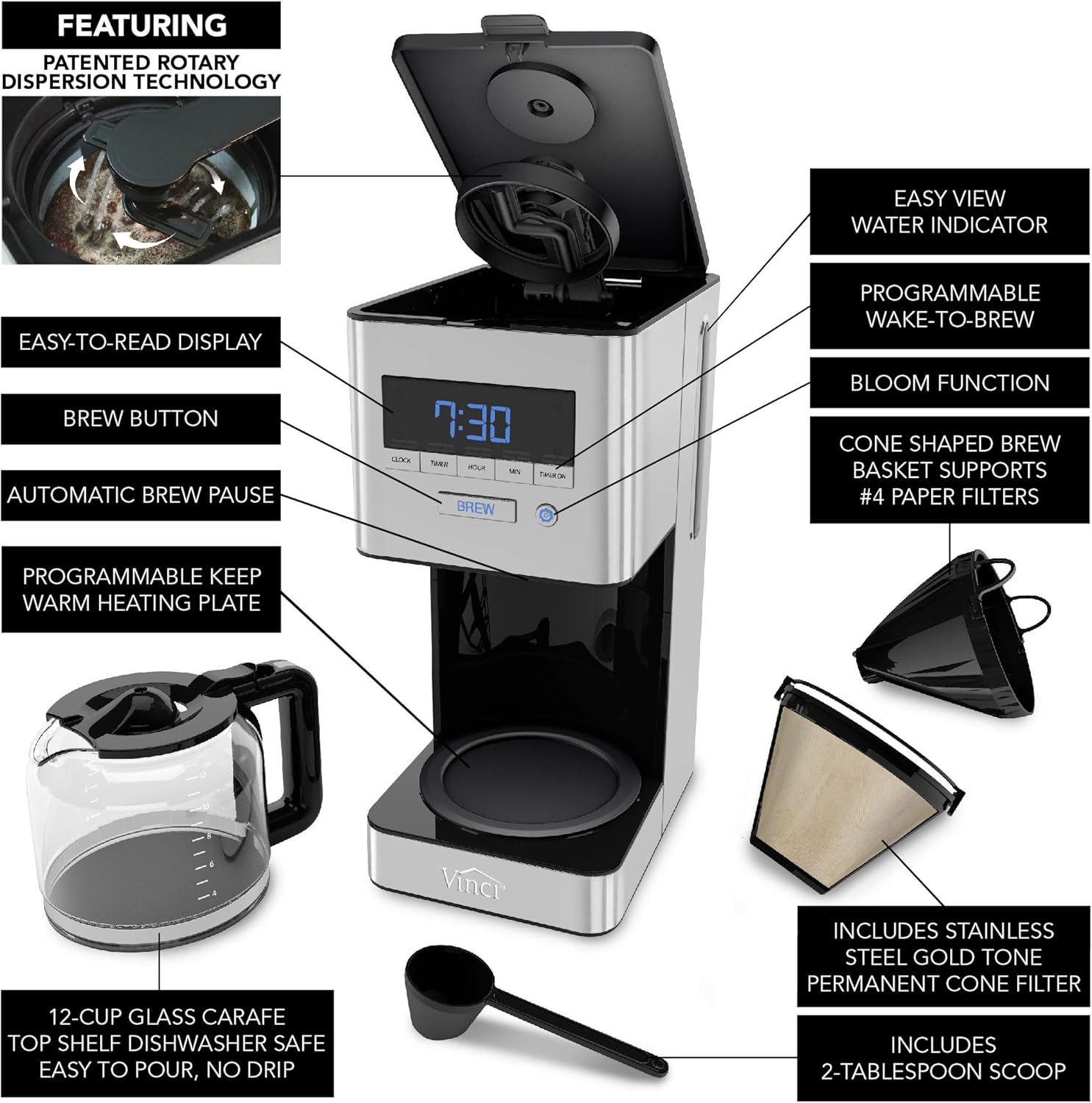 VINCI RDT Elite Spinning Sprayhead Coffee Maker | 12-Cup Programmable Coffee Brewer with Bloom Feature and Rotary Dispersion Technology | Black and Stainless Steel | Auto Shut-Off · v2