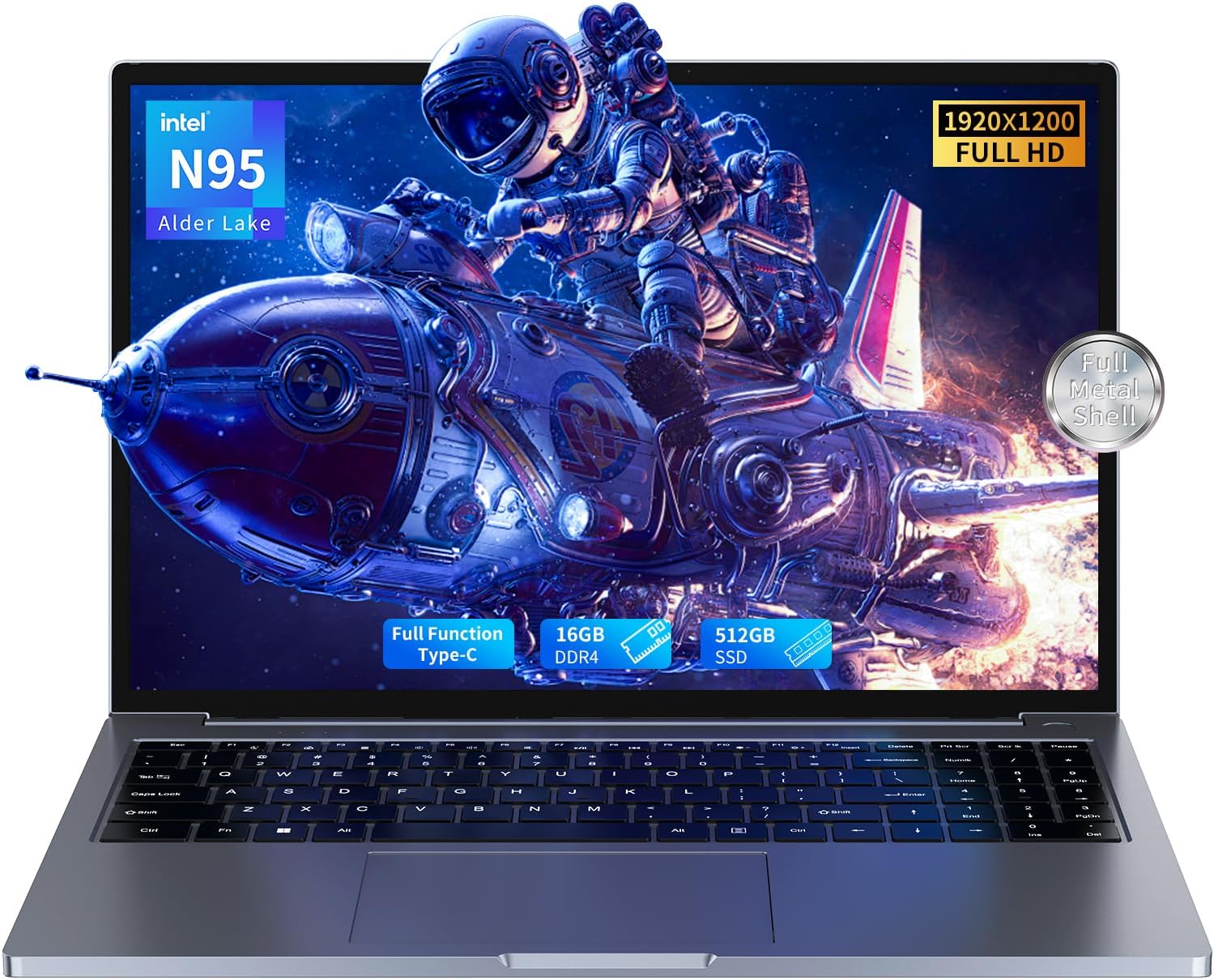 Máy tính xách tay 16 inch với Bộ xử lý N95 (Tối đa 3,4 GHz), 16 GB DDR4 512 GB SSD, FHD 1920x1200P, Đầy đủ chức năng Type-C, Vỏ kim loại hoàn toàn, Đầu đọc dấu vân tay, Góc mở 180°, Wi-Fi 5G, BT4.2