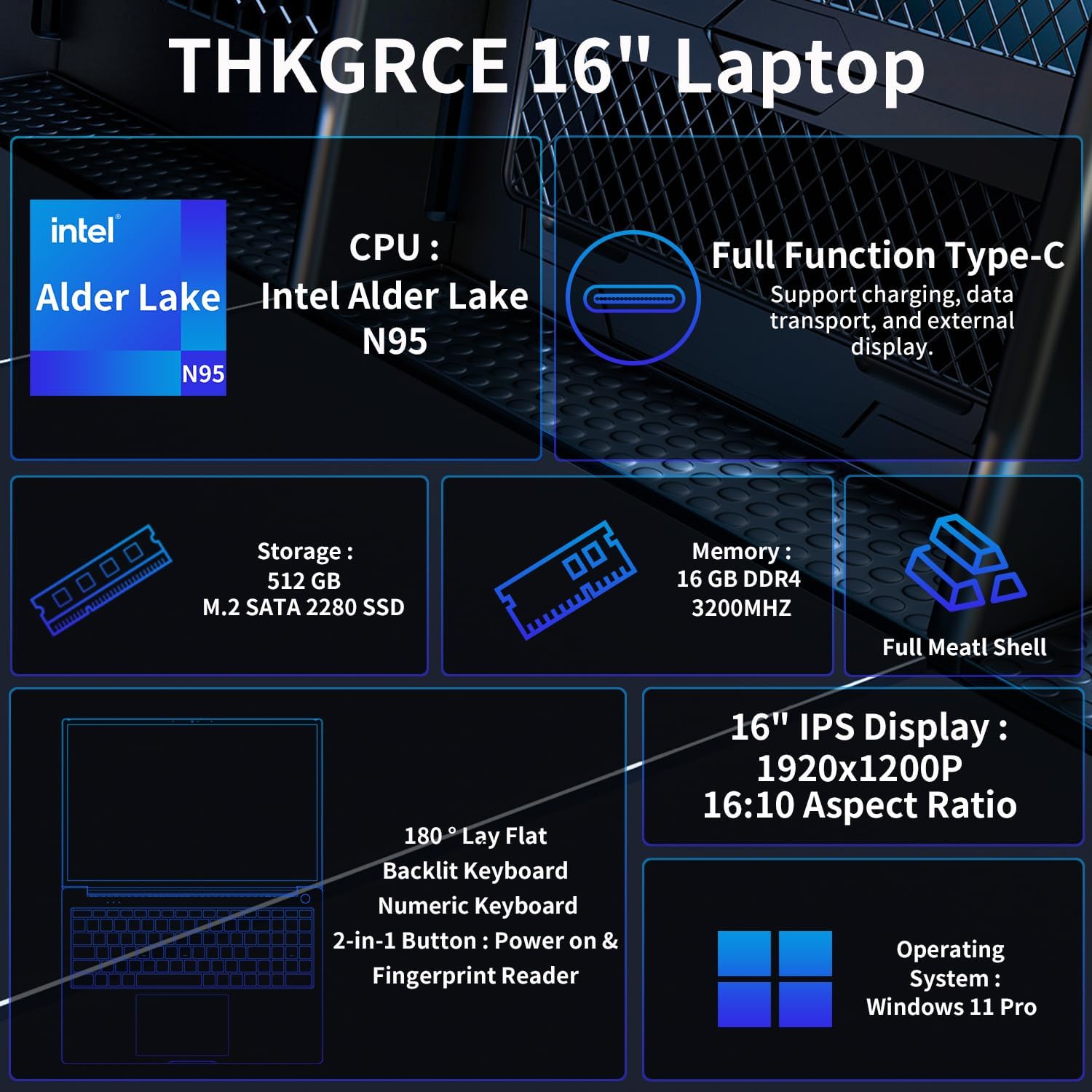 Computer portatile da 16 pollici con processore N95 (fino a 3,4 GHz), SSD DDR4 da 512 GB da 16 GB, FHD 1920x1200P, funzione completa di tipo C, guscio completamente in metallo, lettore di impronte digitali, angolo aperto 180°, Wi-Fi 5G, BT4.2
