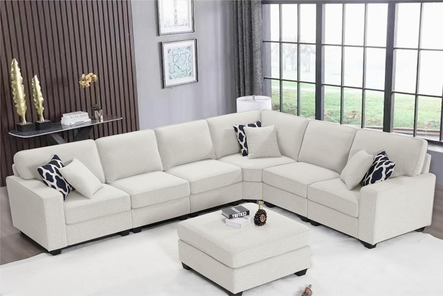 Modular Pillows,Oversized Sectional Sofa Couches for Living Room,Apartments, L Shape with Ottoman-2, Cream · v2