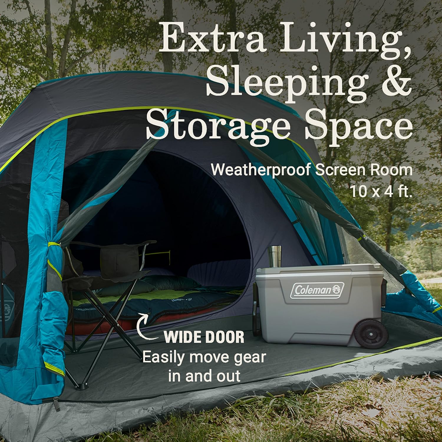 Coleman Skydome Dark Room-Zelt mit Bildschirmraum, wetterfestes Zelt für 4/6 Personen blockiert 90% der Sonneneinstrahlung, wird in 5 Minuten aufgebaut, inklusive Regenfliegenverstärker; Tragetasche, hergestellt aus PFAS-freien Materialien