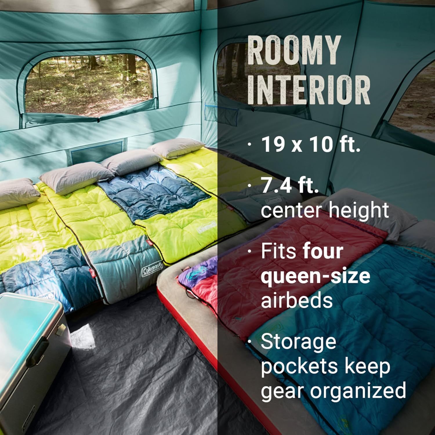 Coleman Skylodge 12-Personen-Zelt mit abgeschirmter Veranda, wetterfestes Familienzelt mit farblich markierten Stangen, abgeschirmter Veranda, robuster Regenfliege, Platz für 4 Queensize-Luftmatratzen