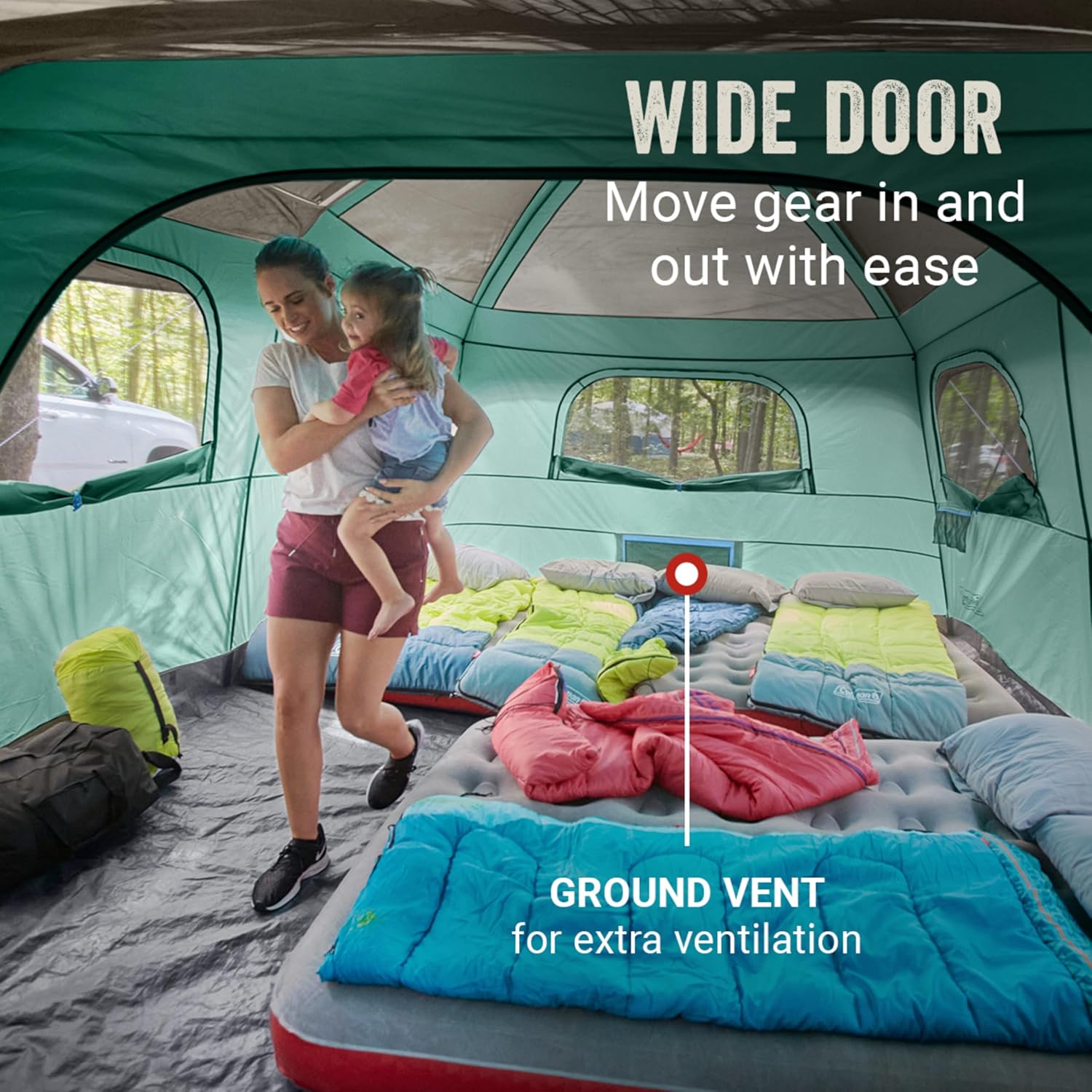 Coleman Skylodge 12-Personen-Zelt mit abgeschirmter Veranda, wetterfestes Familienzelt mit farblich markierten Stangen, abgeschirmter Veranda, robuster Regenfliege, Platz für 4 Queensize-Luftmatratzen