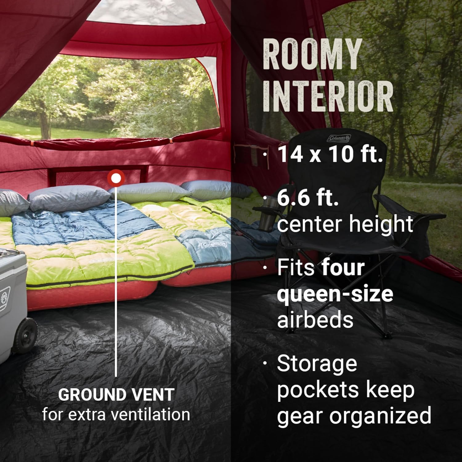 Coleman Skylodge 10-Person Family Tent, Weatherproof XL Tent with Rainfly  Room Divider, Fits 4 Queen-Sized Airbeds, Made of PFAS-Free Materials