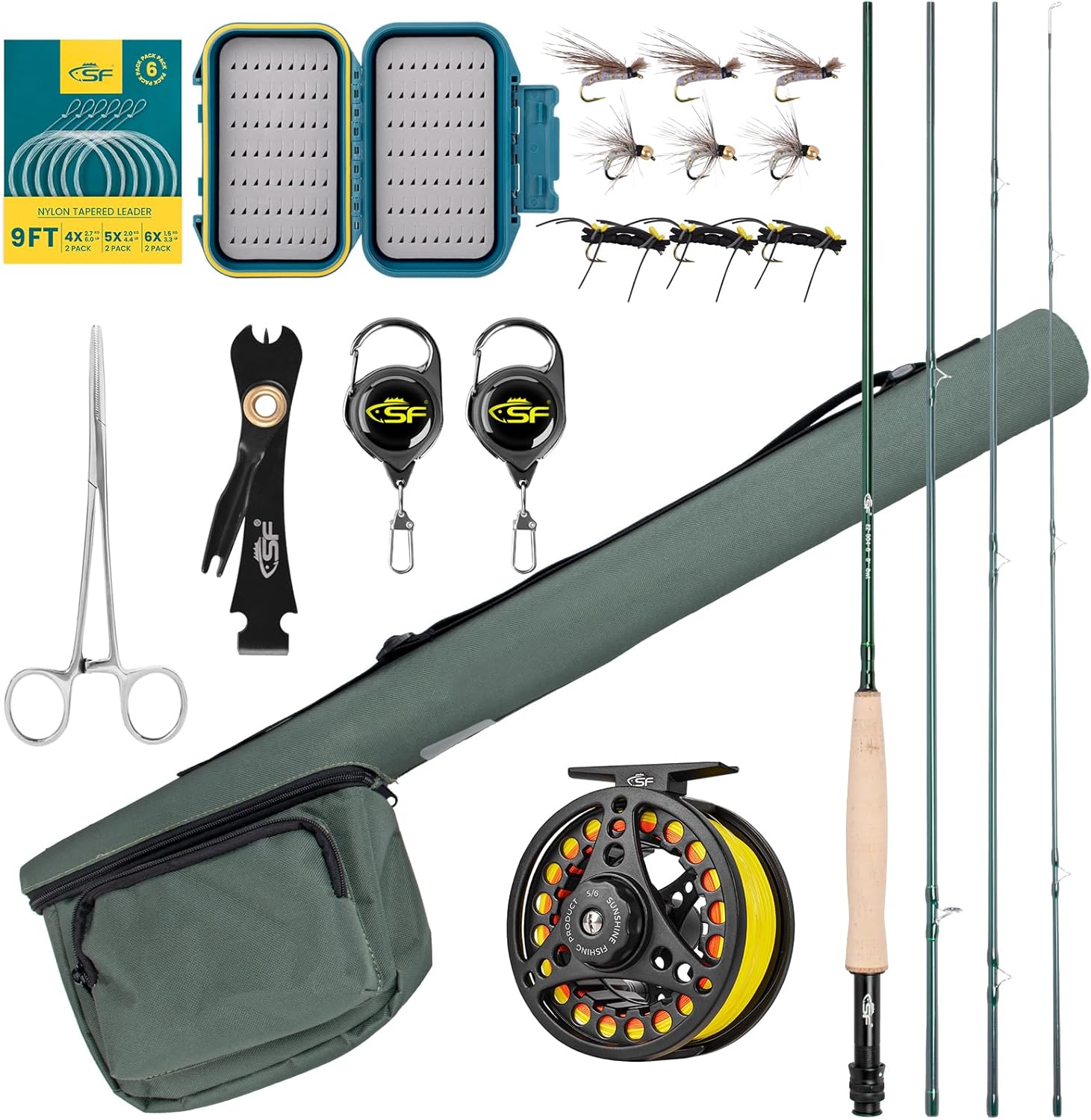 SF Fly Fishing Rod Combo Starter Kit Semi Gloss Green Jade Finish 24T Carbon Fiber Trout Travel Fly Rod with Reel,Fly Rod case,Fly Box, Flies,Tapered Leader,Knot Tying Tools · v3