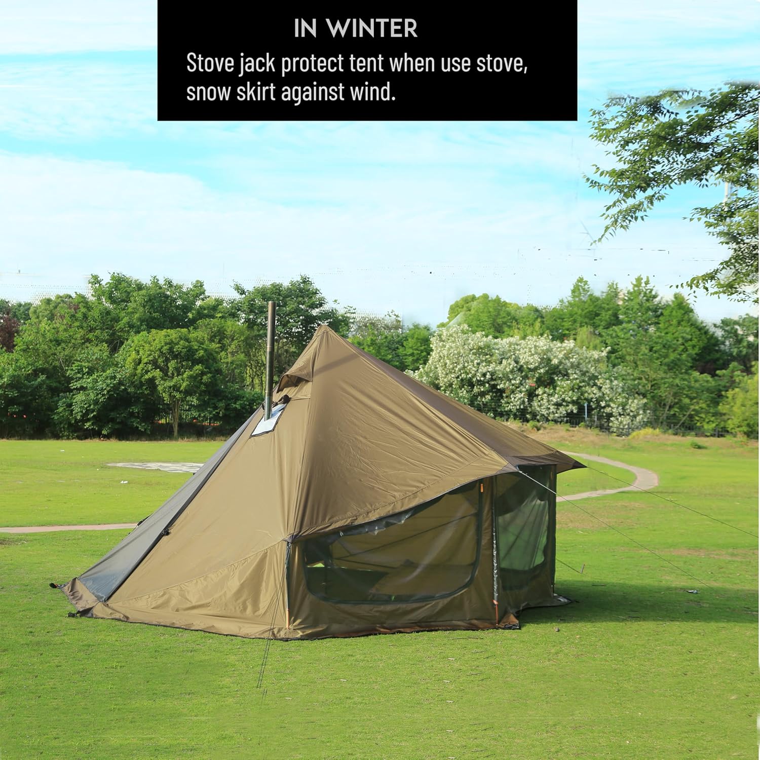 เต็นท์ Tipi 4 ฤดูแบบแยกส่วน เต็นท์ร้อนพร้อมหลังคา พื้นที่ยืน เต็นท์ทรงกรวยสำหรับล่าสัตว์ ตั้งแคมป์ เดินป่า กับครอบครัว
