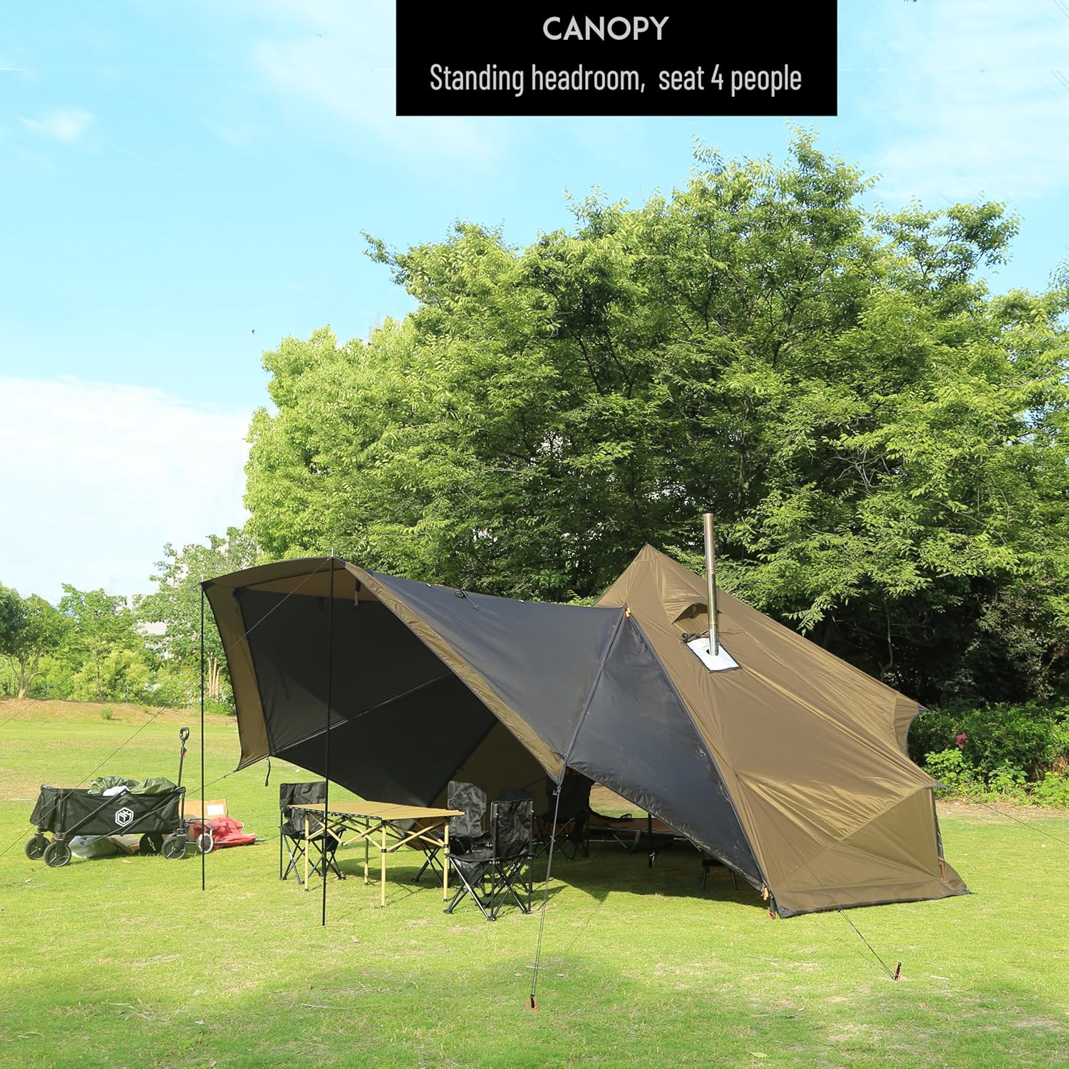 เต็นท์ Tipi 4 ฤดูแบบแยกส่วน เต็นท์ร้อนพร้อมหลังคา พื้นที่ยืน เต็นท์ทรงกรวยสำหรับล่าสัตว์ ตั้งแคมป์ เดินป่า กับครอบครัว