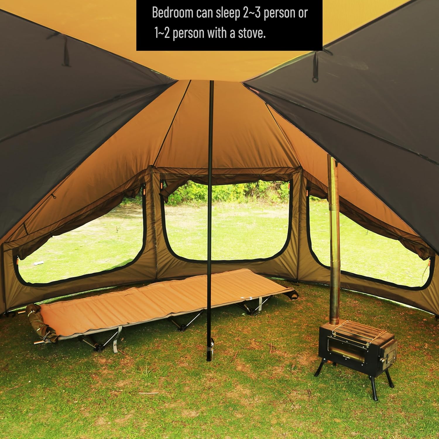 เต็นท์ Tipi 4 ฤดูแบบแยกส่วน เต็นท์ร้อนพร้อมหลังคา พื้นที่ยืน เต็นท์ทรงกรวยสำหรับล่าสัตว์ ตั้งแคมป์ เดินป่า กับครอบครัว