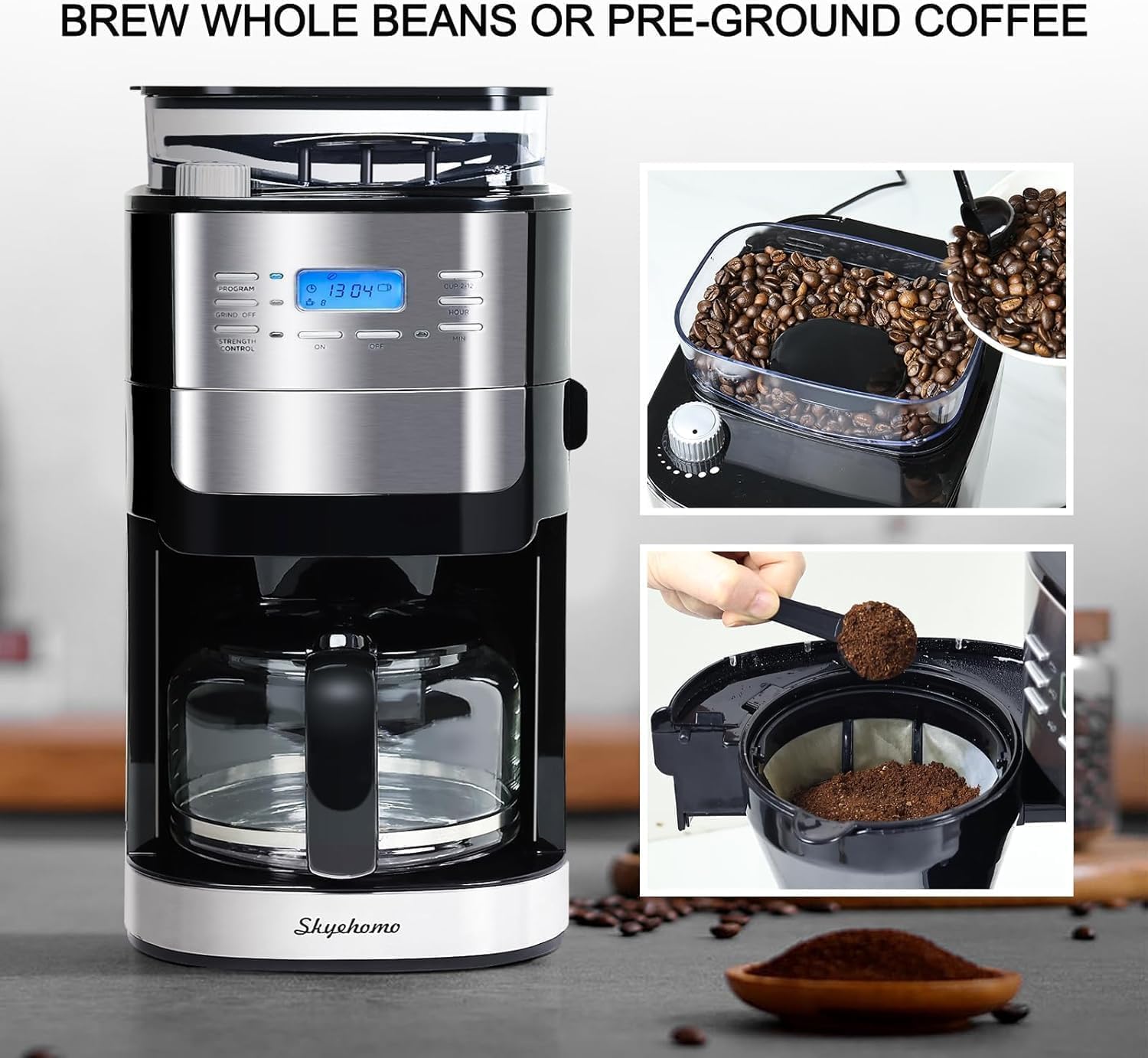 HOMOKUS 12 Fincan Kahve Makinesi, Dahili Çapak Öğütücü, Öğütme ve Demleme Kahve Makinesi, Programlanabilir Kahve Makinesi, Yeniden Kullanılabilir Filtre, Isıtma Plakası,1.5L Su Deposu