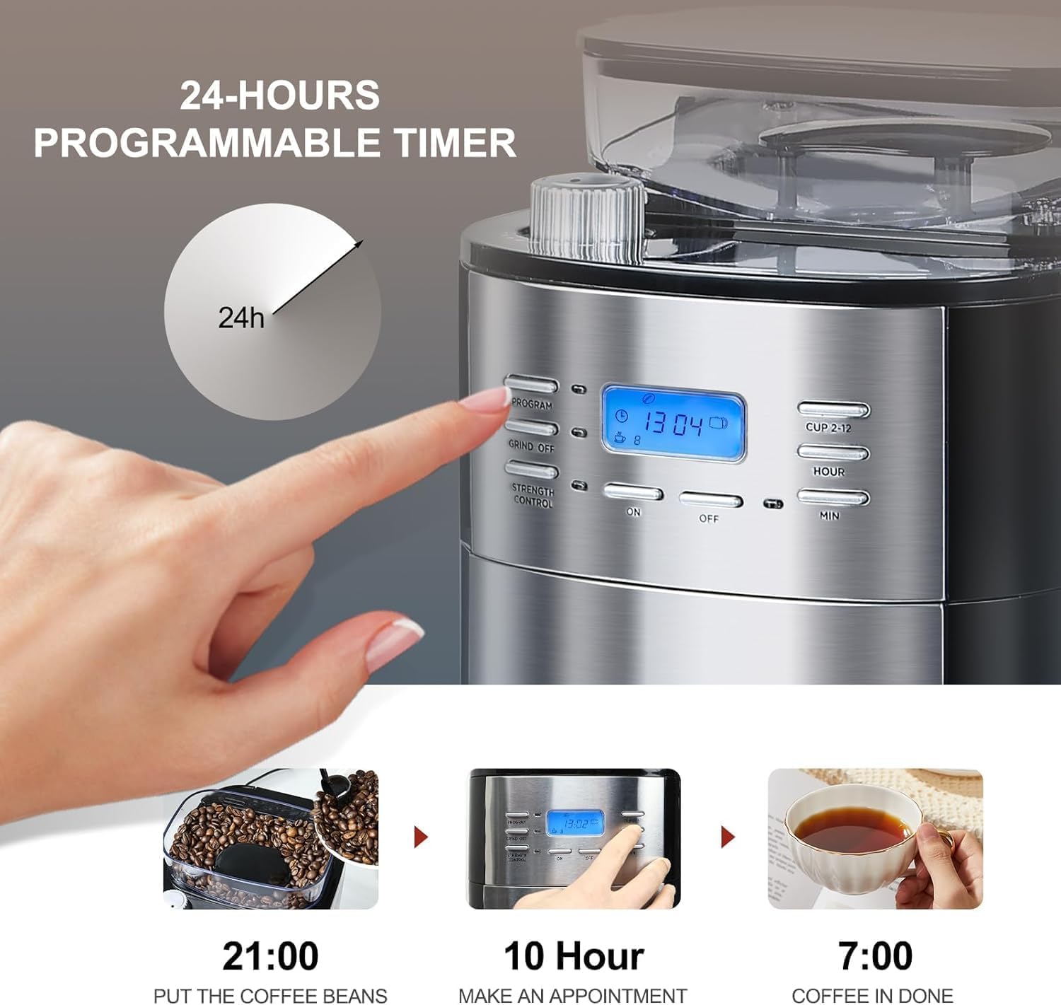 HOMOKUS 12 Fincan Kahve Makinesi, Dahili Çapak Öğütücü, Öğütme ve Demleme Kahve Makinesi, Programlanabilir Kahve Makinesi, Yeniden Kullanılabilir Filtre, Isıtma Plakası,1.5L Su Deposu