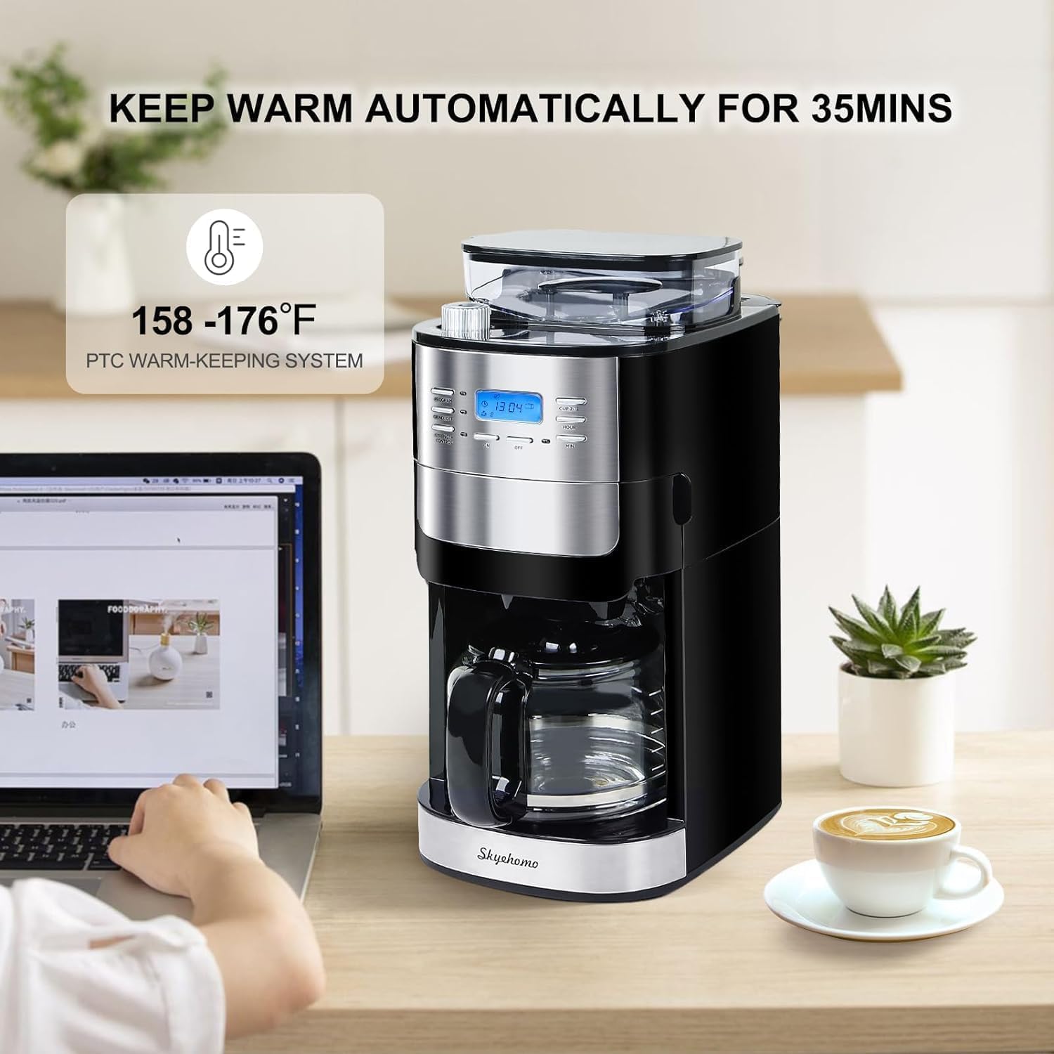 HOMOKUS 12 Fincan Kahve Makinesi, Dahili Çapak Öğütücü, Öğütme ve Demleme Kahve Makinesi, Programlanabilir Kahve Makinesi, Yeniden Kullanılabilir Filtre, Isıtma Plakası,1.5L Su Deposu
