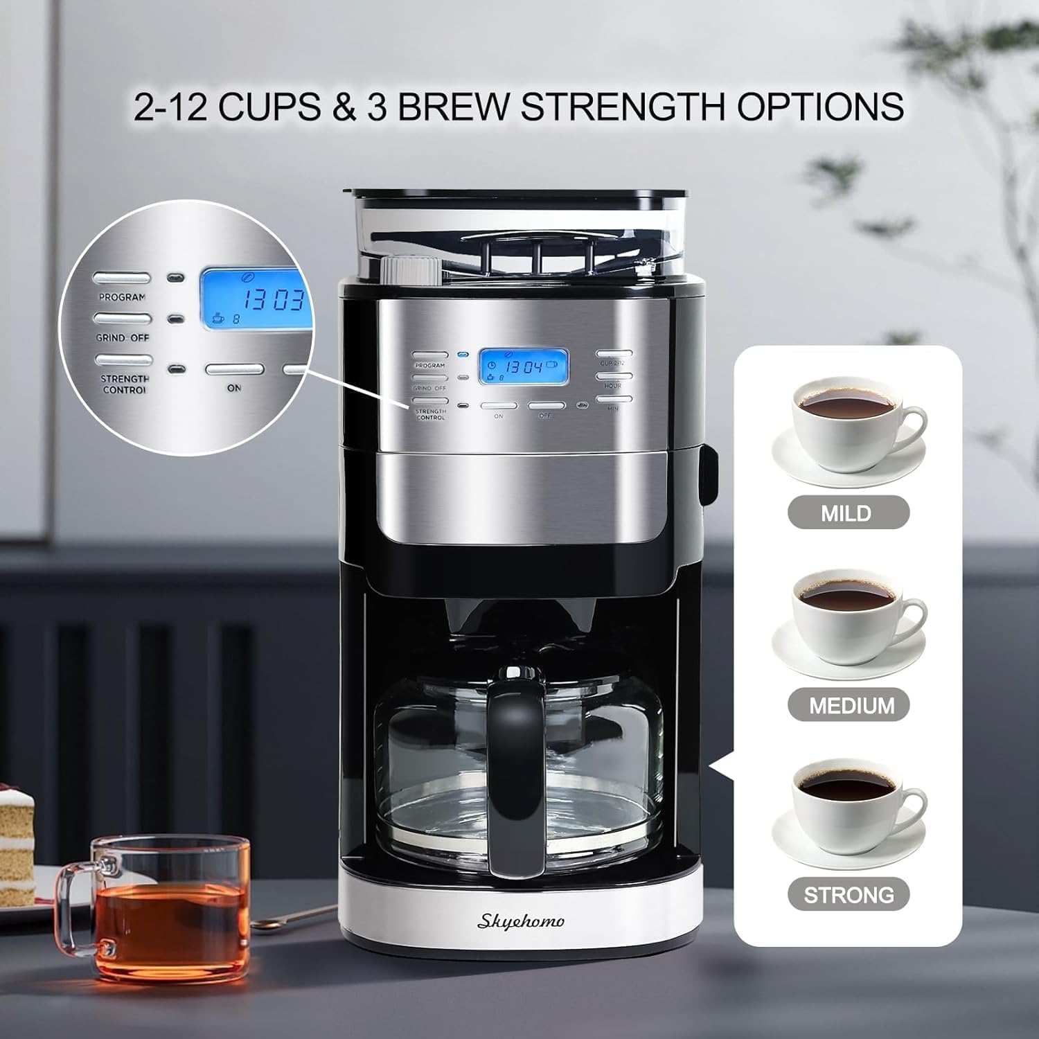 HOMOKUS 12 Fincan Kahve Makinesi, Dahili Çapak Öğütücü, Öğütme ve Demleme Kahve Makinesi, Programlanabilir Kahve Makinesi, Yeniden Kullanılabilir Filtre, Isıtma Plakası,1.5L Su Deposu