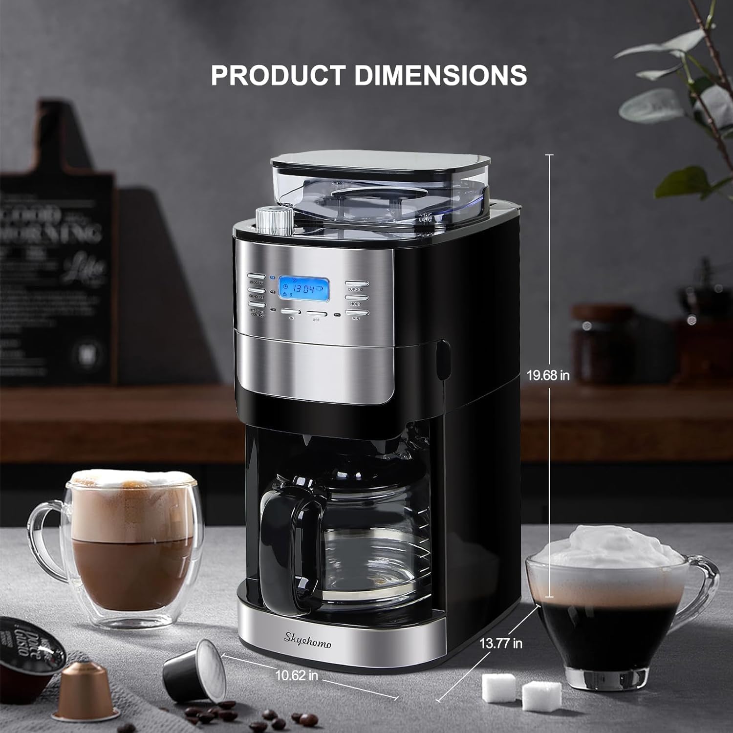 HOMOKUS 12 Fincan Kahve Makinesi, Dahili Çapak Öğütücü, Öğütme ve Demleme Kahve Makinesi, Programlanabilir Kahve Makinesi, Yeniden Kullanılabilir Filtre, Isıtma Plakası,1.5L Su Deposu