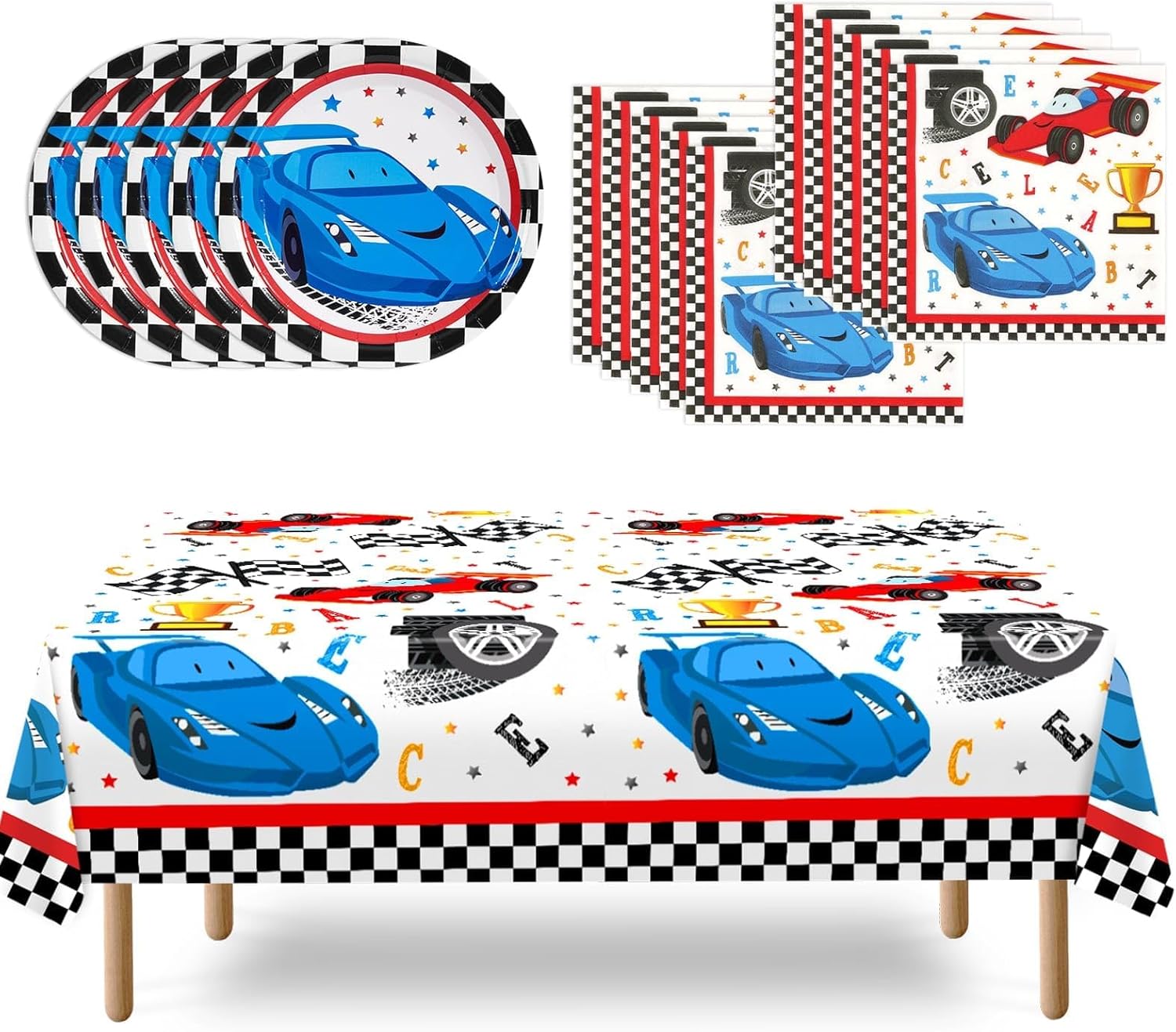 WERNNSAI 33 Pcs Racing Car Party Supplies Set - Checked Race Car Plates Napkins and Tablecloth Disposable Party Dessert Tableware Set for Boys Birthday Baby Shower Decorations Serves 16 Guests · v2