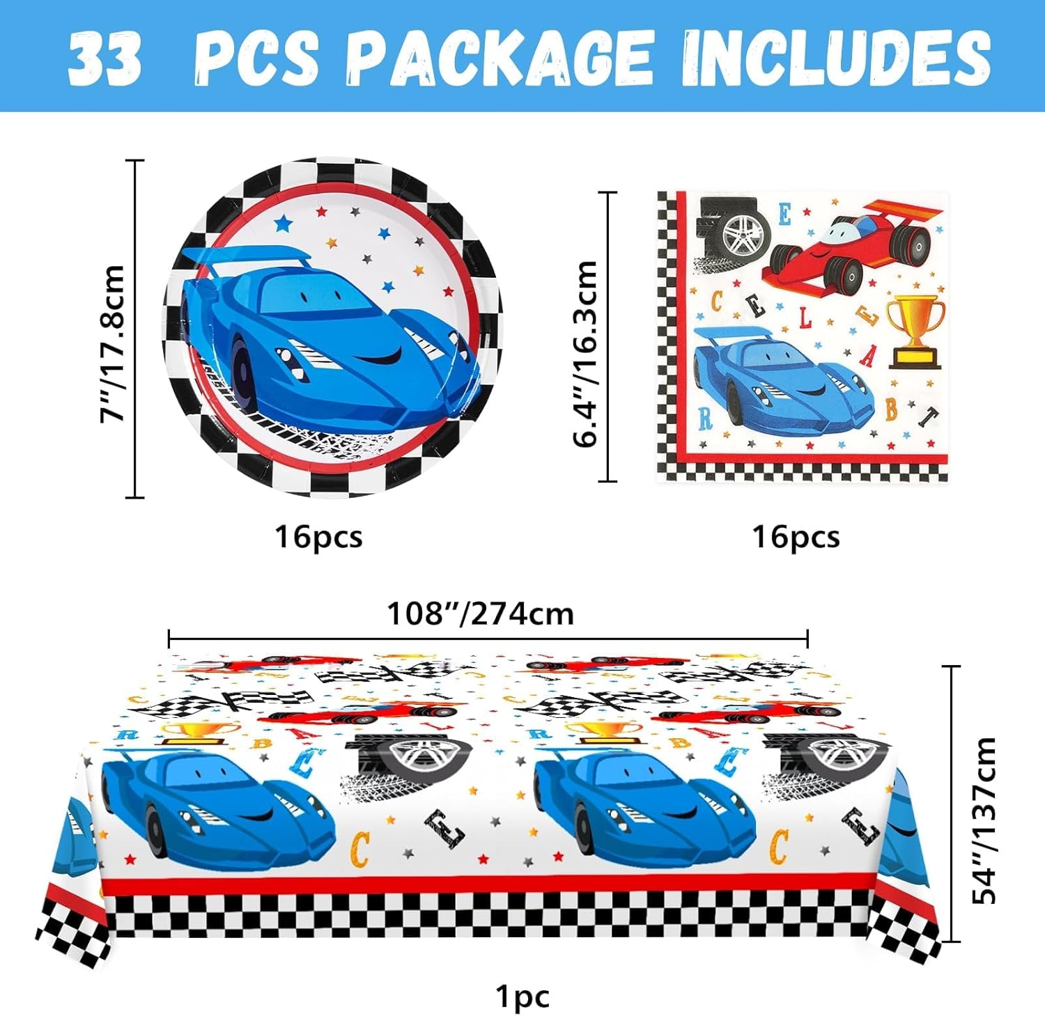 WERNNSAI 33 Pcs Racing Car Party Supplies Set - Checked Race Car Plates Napkins and Tablecloth Disposable Party Dessert Tableware Set for Boys Birthday Baby Shower Decorations Serves 16 Guests · v2