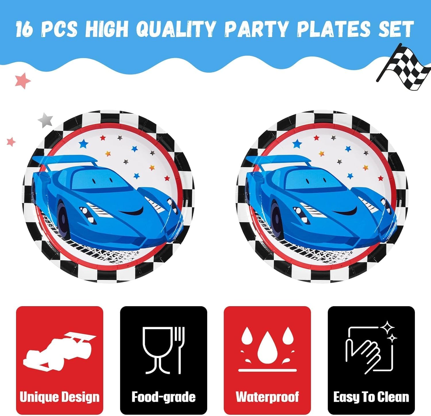 WERNNSAI 33 Pcs Racing Car Party Supplies Set - Checked Race Car Plates Napkins and Tablecloth Disposable Party Dessert Tableware Set for Boys Birthday Baby Shower Decorations Serves 16 Guests · v2