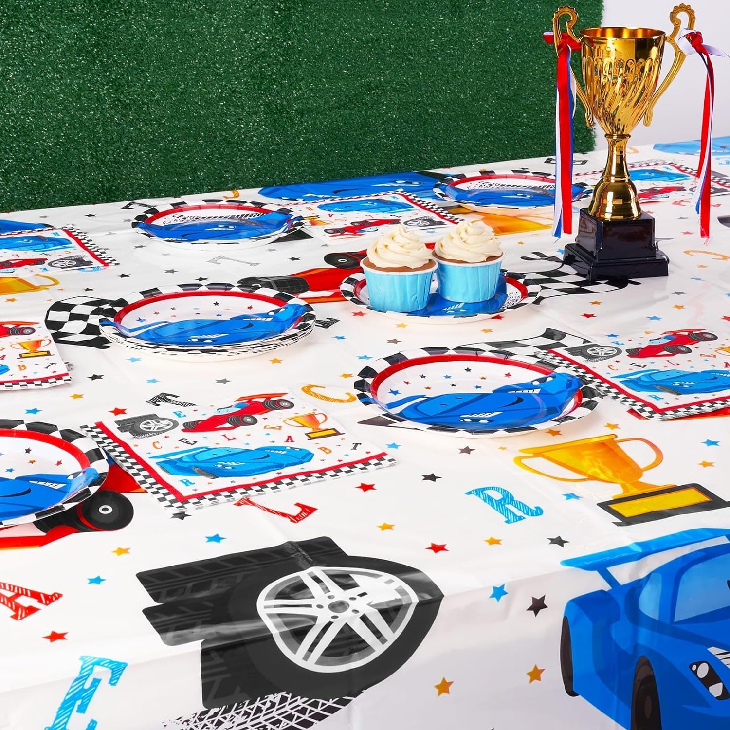 WERNNSAI 33 Pcs Racing Car Party Supplies Set - Checked Race Car Plates Napkins and Tablecloth Disposable Party Dessert Tableware Set for Boys Birthday Baby Shower Decorations Serves 16 Guests · v2