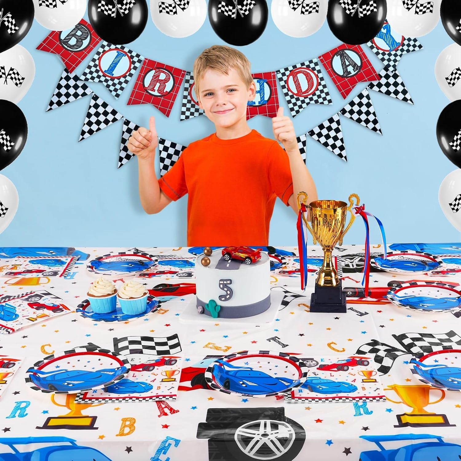 WERNNSAI 33 Pcs Racing Car Party Supplies Set - Checked Race Car Plates Napkins and Tablecloth Disposable Party Dessert Tableware Set for Boys Birthday Baby Shower Decorations Serves 16 Guests · v2