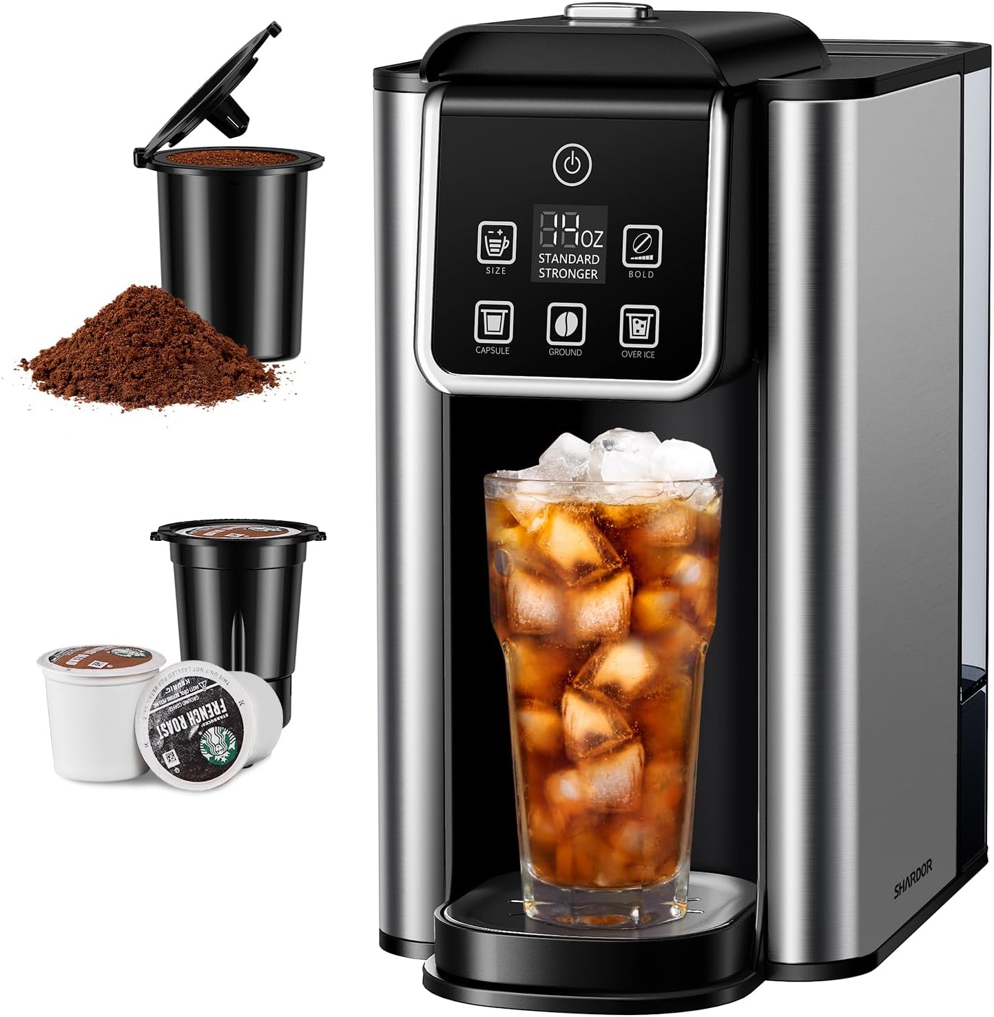 SHARDOR Single Serve Coffee Maker, Hot and Iced Coffee Machine for K Cup Pods  Ground Coffee, 6 to 14 Oz Brew Sizes, with 50 oz Large Water Tank, Removable Drip Tray, Stainless Steel · v2