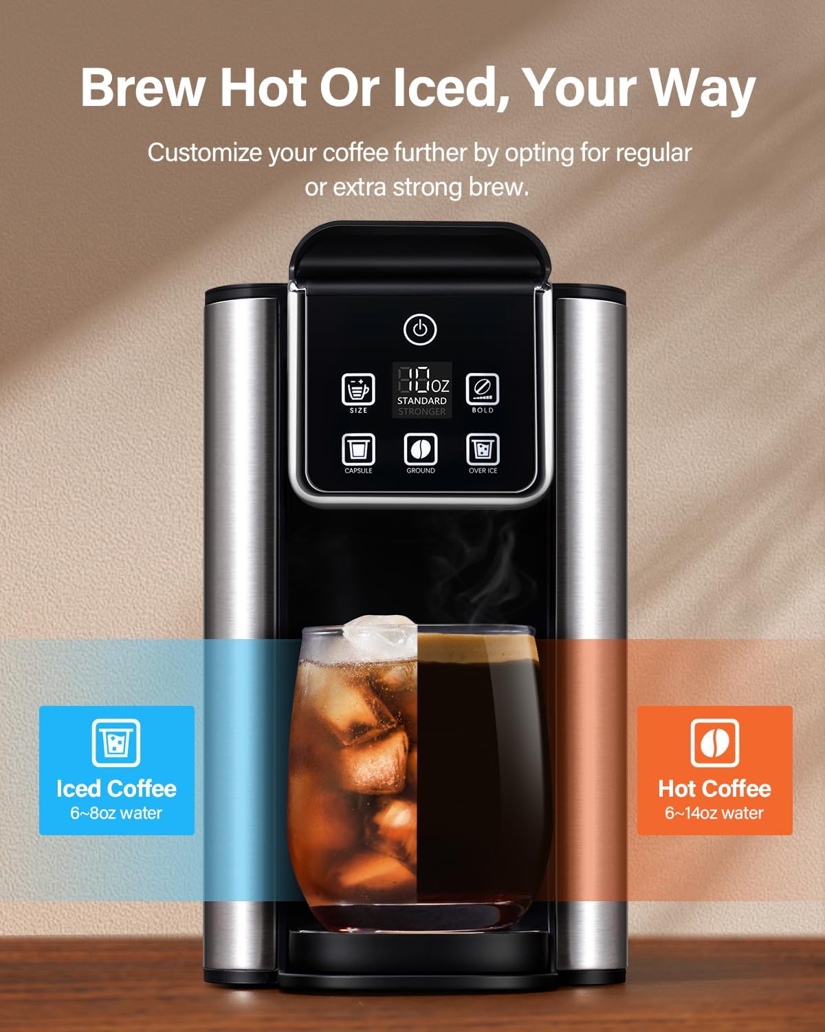 SHARDOR Single Serve Coffee Maker, Hot and Iced Coffee Machine for K Cup Pods  Ground Coffee, 6 to 14 Oz Brew Sizes, with 50 oz Large Water Tank, Removable Drip Tray, Stainless Steel · v2