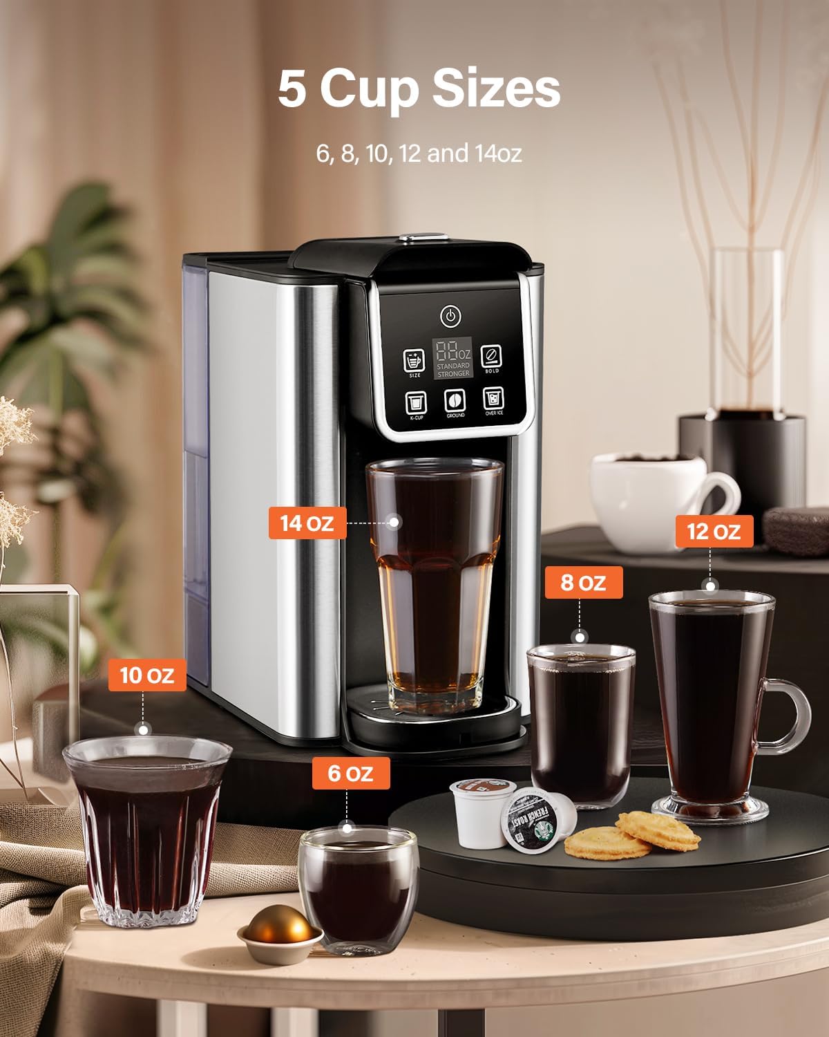 SHARDOR Single Serve Coffee Maker, Hot and Iced Coffee Machine for K Cup Pods  Ground Coffee, 6 to 14 Oz Brew Sizes, with 50 oz Large Water Tank, Removable Drip Tray, Stainless Steel · v2