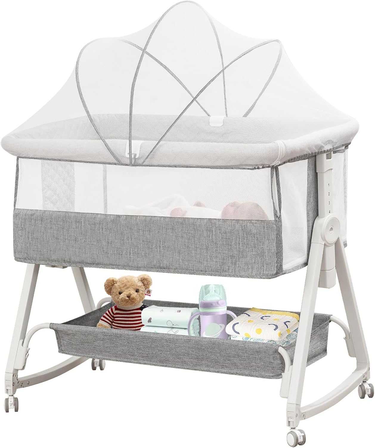 Baby Bassinet Bedside Sleeper for Baby,Bedside Bassinet with Wheels and Storage Basket,All Mesh Portable Bassinet for Newborn,6 Height Adjustable Easy to Assemble Baby Bassinet(Upgrade Grey)