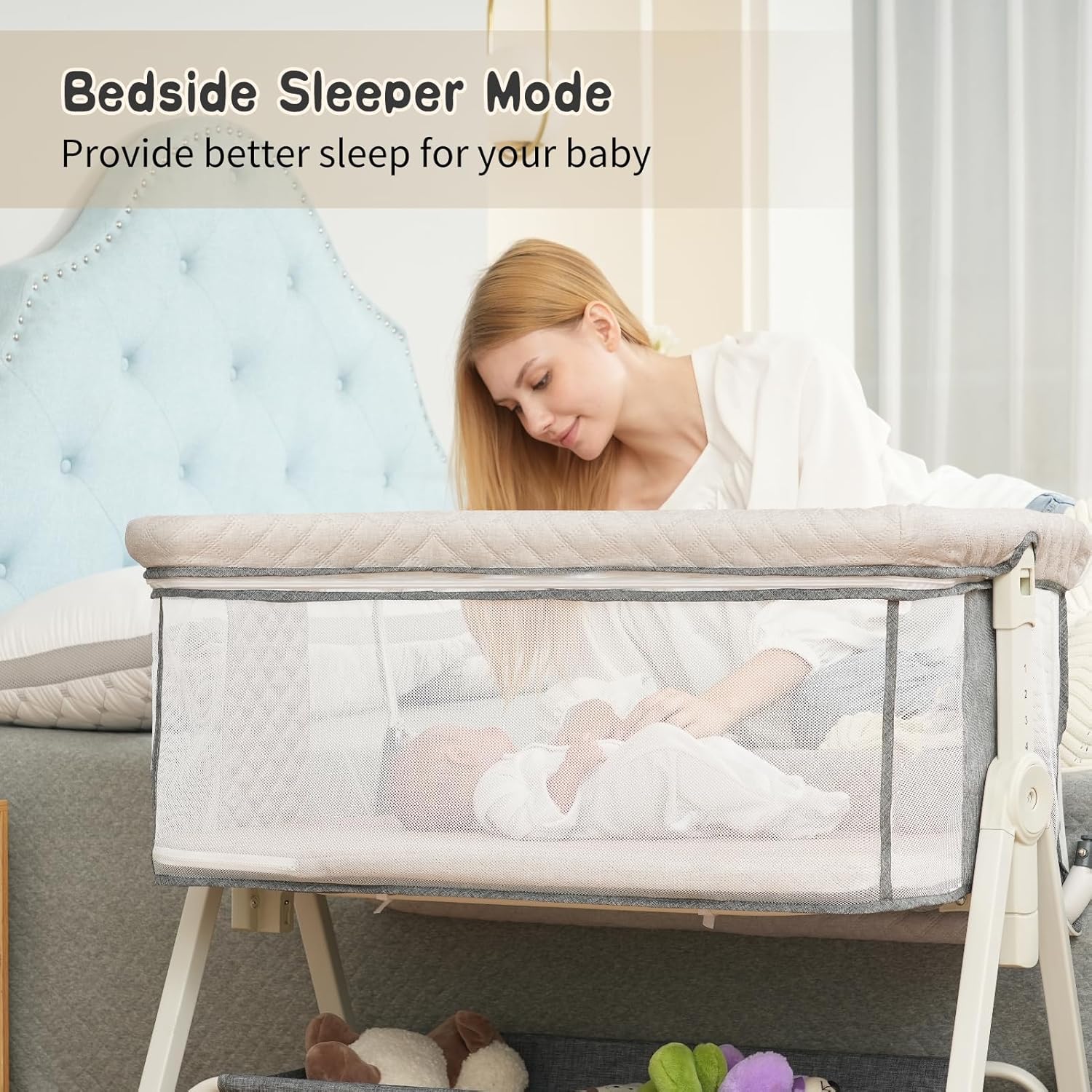 Baby Bassinet Bedside Sleeper for Baby,Bedside Bassinet with Wheels and Storage Basket,All Mesh Portable Bassinet for Newborn,6 Height Adjustable Easy to Assemble Baby Bassinet(Upgrade Grey)