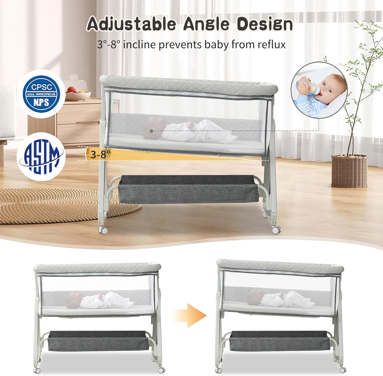 Baby Bassinet Bedside Sleeper for Baby,Bedside Bassinet with Wheels and Storage Basket,All Mesh Portable Bassinet for Newborn,6 Height Adjustable Easy to Assemble Baby Bassinet(Upgrade Grey)