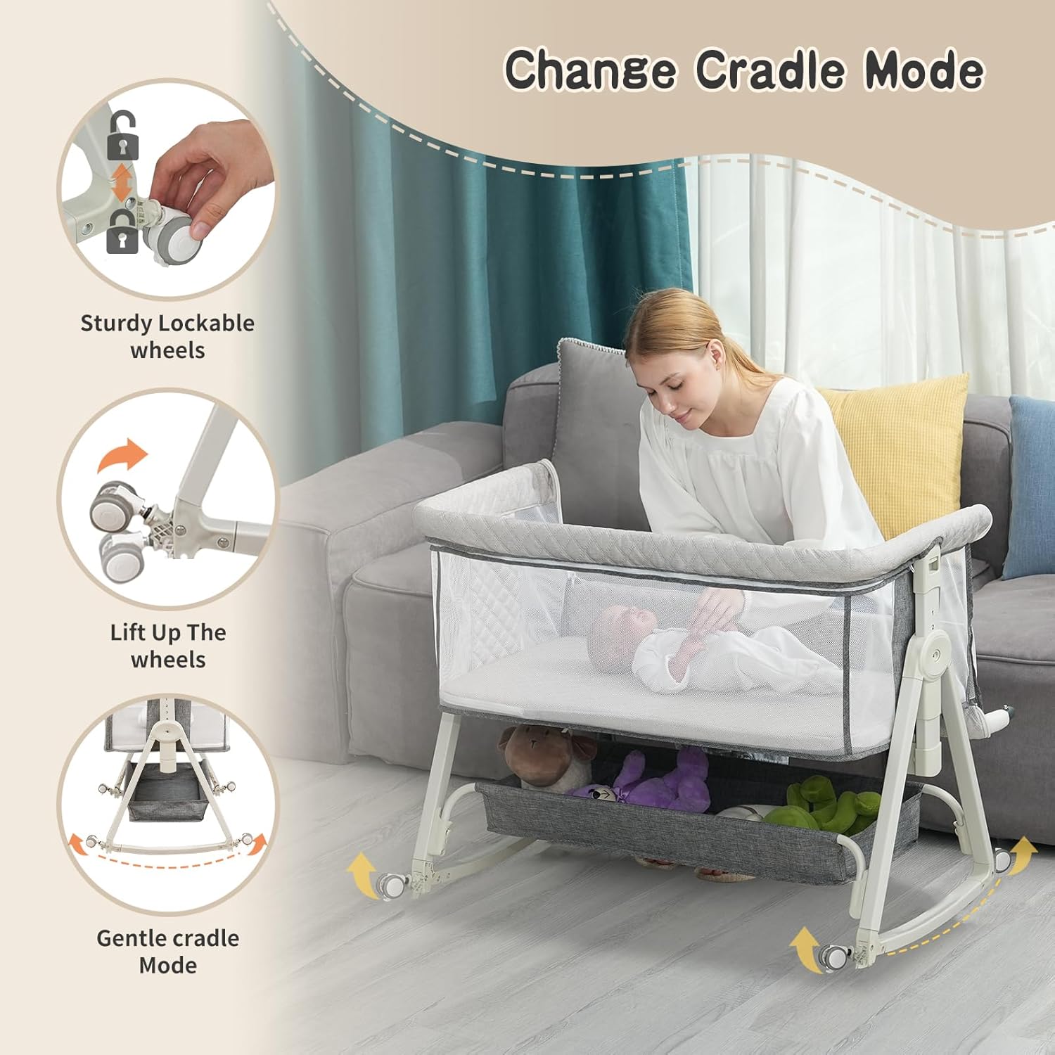 Baby Bassinet Bedside Sleeper for Baby,Bedside Bassinet with Wheels and Storage Basket,All Mesh Portable Bassinet for Newborn,6 Height Adjustable Easy to Assemble Baby Bassinet(Upgrade Grey)