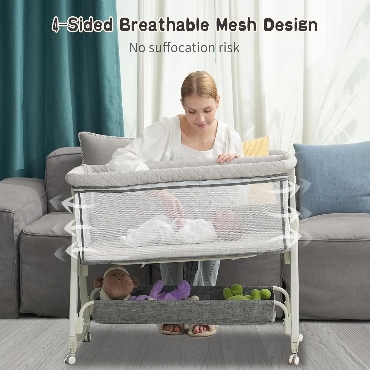 Baby Bassinet Bedside Sleeper for Baby,Bedside Bassinet with Wheels and Storage Basket,All Mesh Portable Bassinet for Newborn,6 Height Adjustable Easy to Assemble Baby Bassinet(Upgrade Grey)