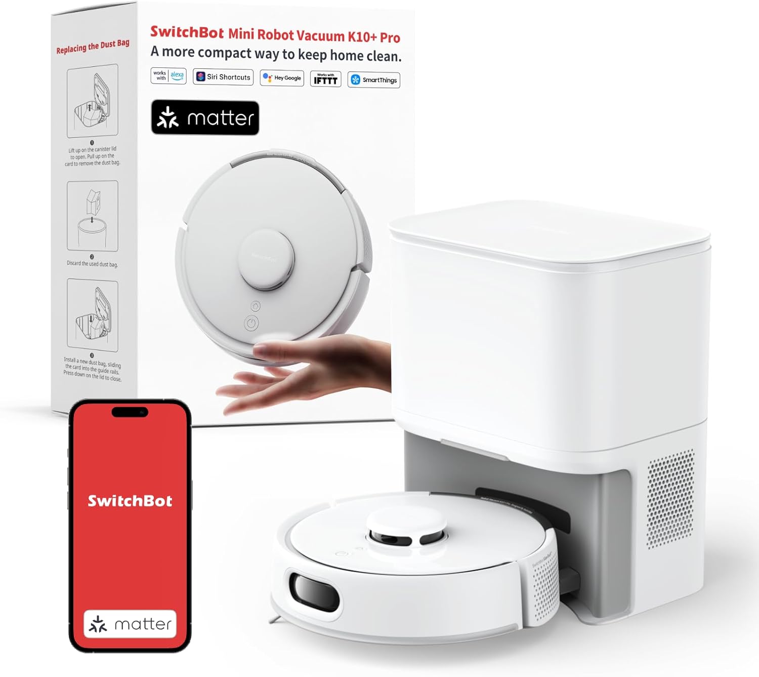 SwitchBot K10 Pro Roboter-Staubsauger, selbstentleerend für 90 Tage, freihändig, superleiser Mini-Roboter-Staubsauger mit hoher Saugkraft, verhindert Haarverheddern, funktioniert mit Matter/Alexa/Siri, 2,4-GHz-WLAN