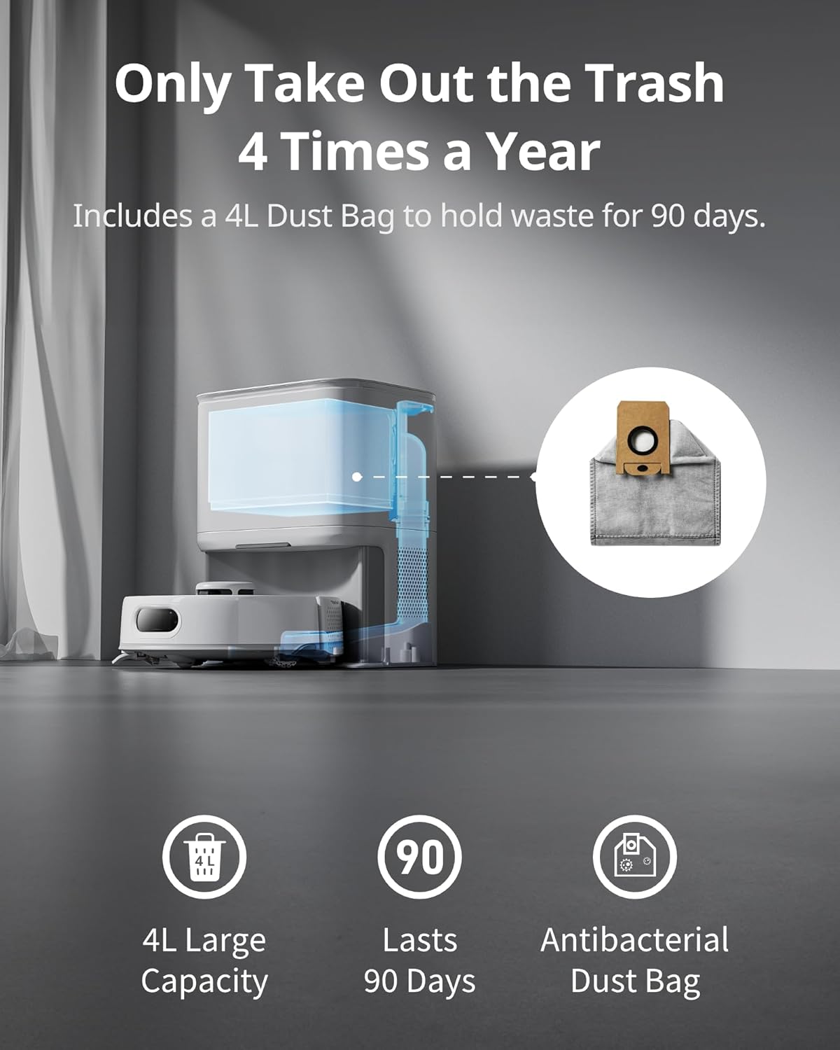 SwitchBot K10 Pro Roboter-Staubsauger, selbstentleerend für 90 Tage, freihändig, superleiser Mini-Roboter-Staubsauger mit hoher Saugkraft, verhindert Haarverheddern, funktioniert mit Matter/Alexa/Siri, 2,4-GHz-WLAN